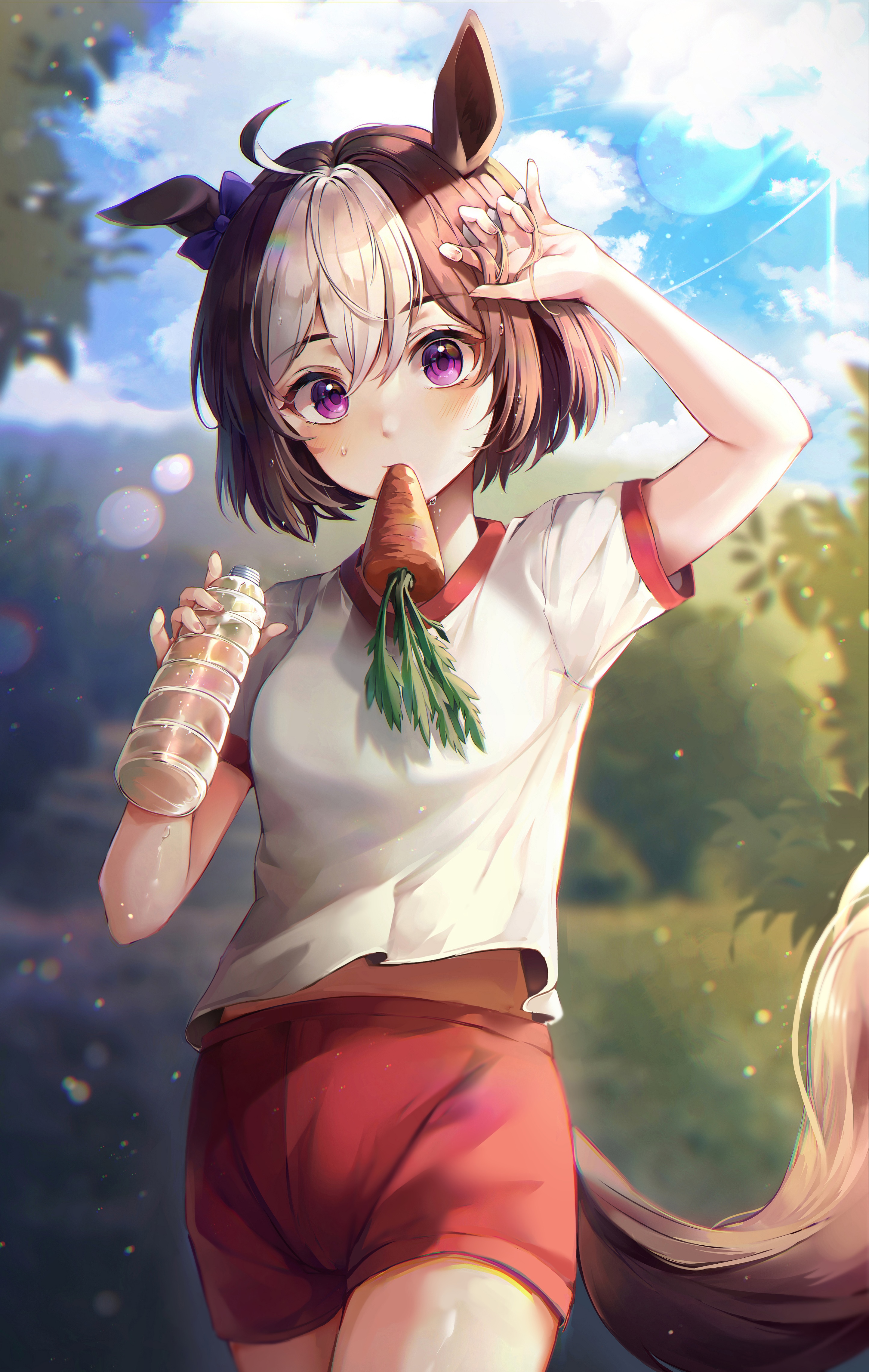 Special Week eating a carrot and holding a bottle HD Phone Wallpaper