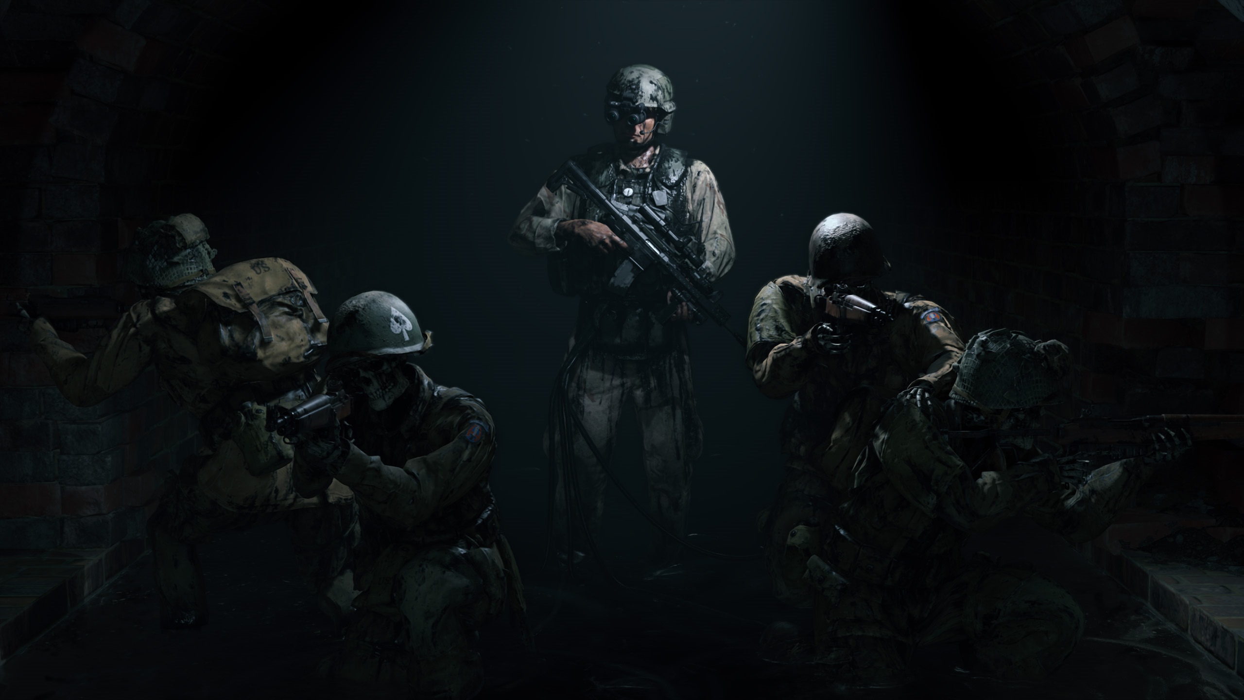 Soldiers in a dark, brick tunnel HD Wallpaper