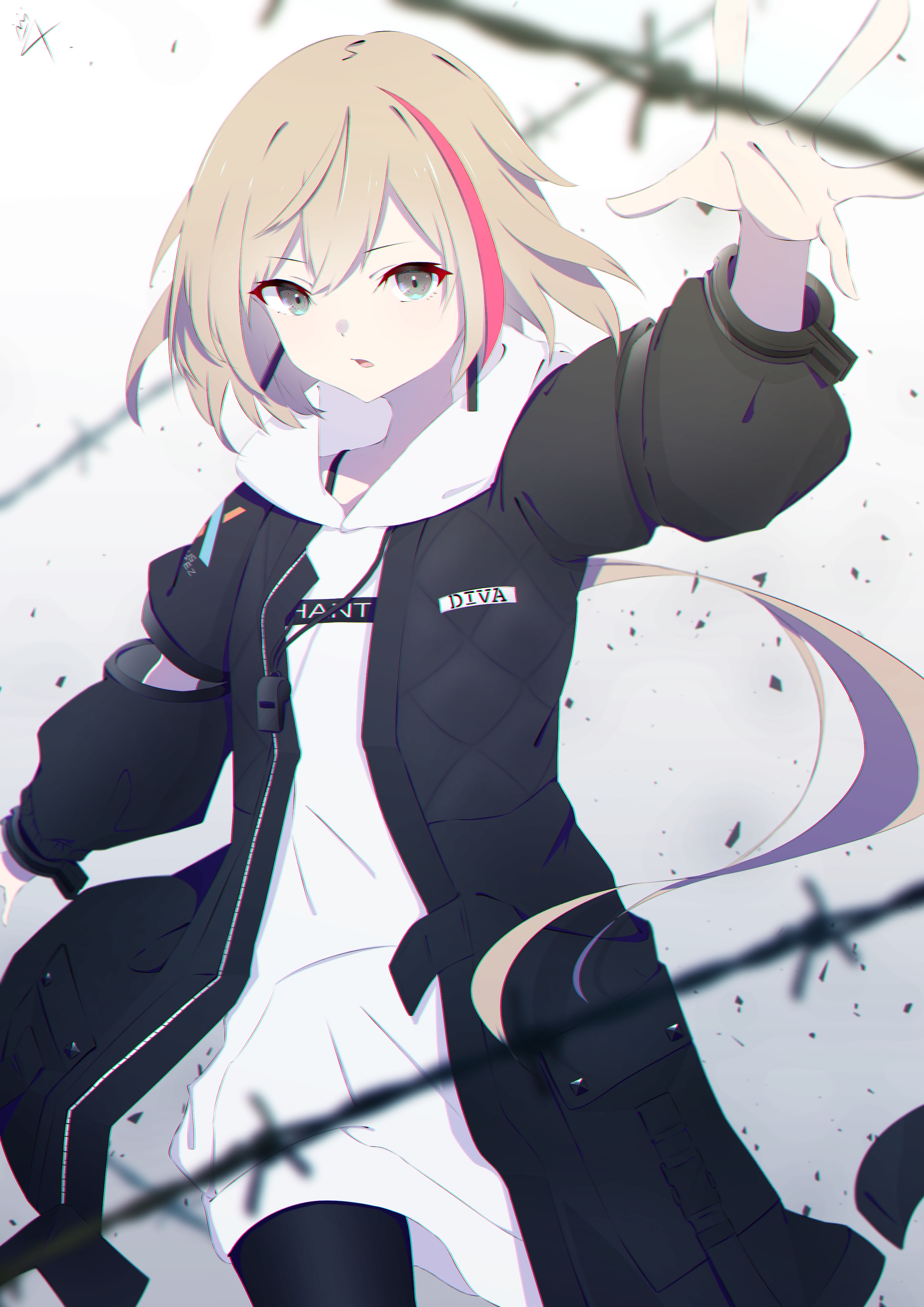Anime girl with blonde hair and pink streak HD Phone Wallpaper