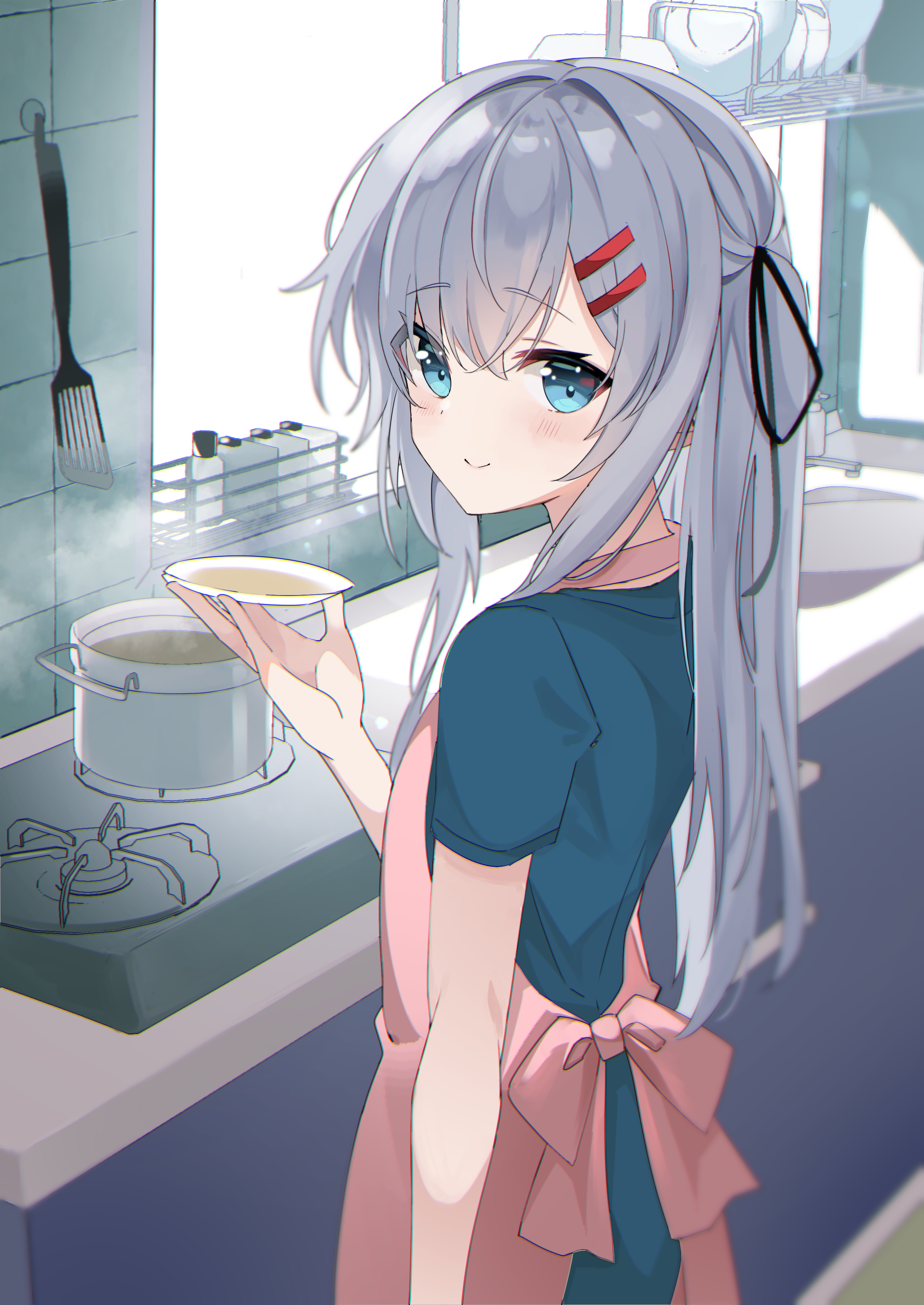 Anime girl cooking in a kitchen HD Phone Wallpaper