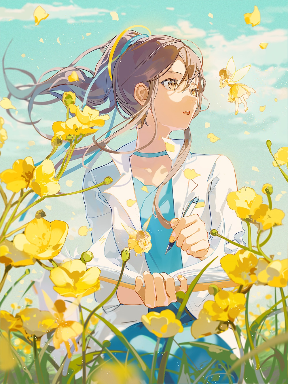 Anime girl with fairy in a field of yellow flowers HD Phone Wallpaper