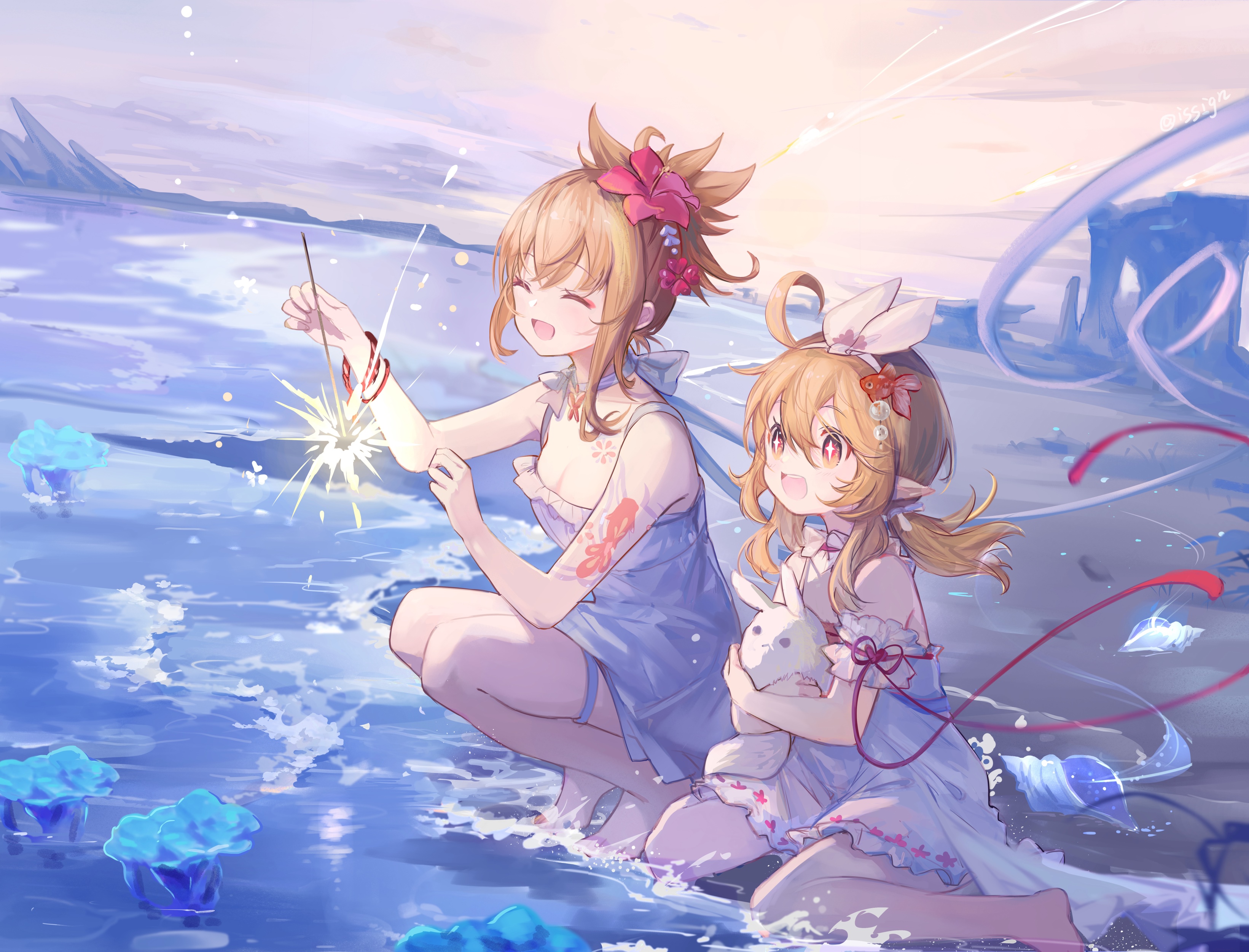Yoimiya and Klee with fireworks by the sea HD Wallpaper