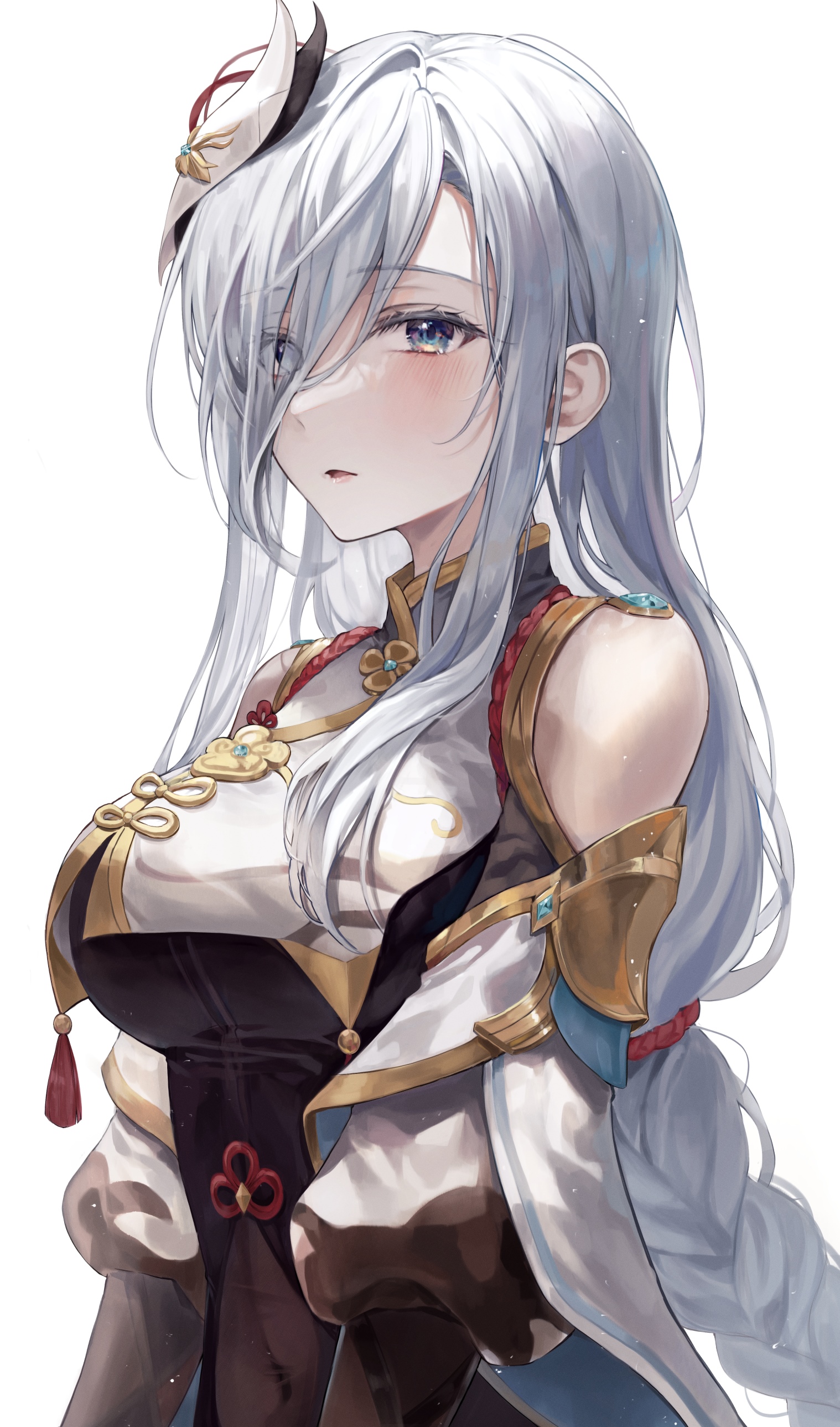 Shenhe from Genshin Impact with white hair and braids HD Phone Wallpaper