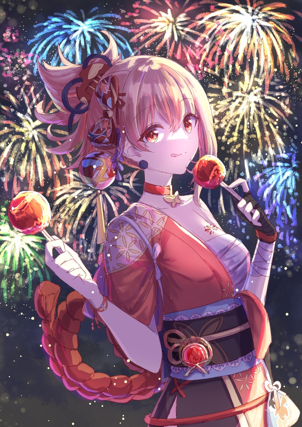 Yoimiya holding candy apples with fireworks HD Phone Wallpaper