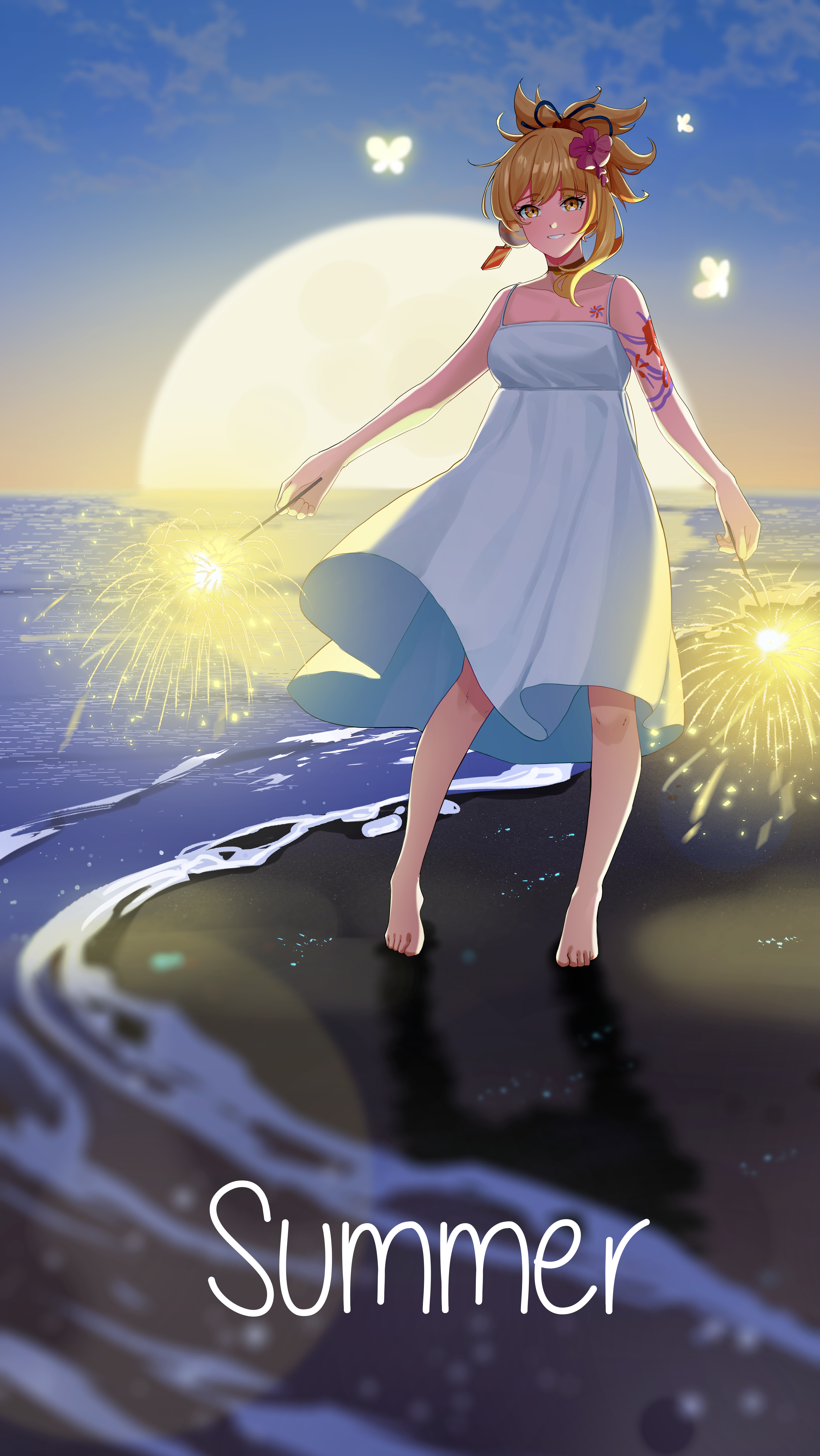 Yoimiya from Genshin Impact with fireworks on the beach HD Phone Wallpaper