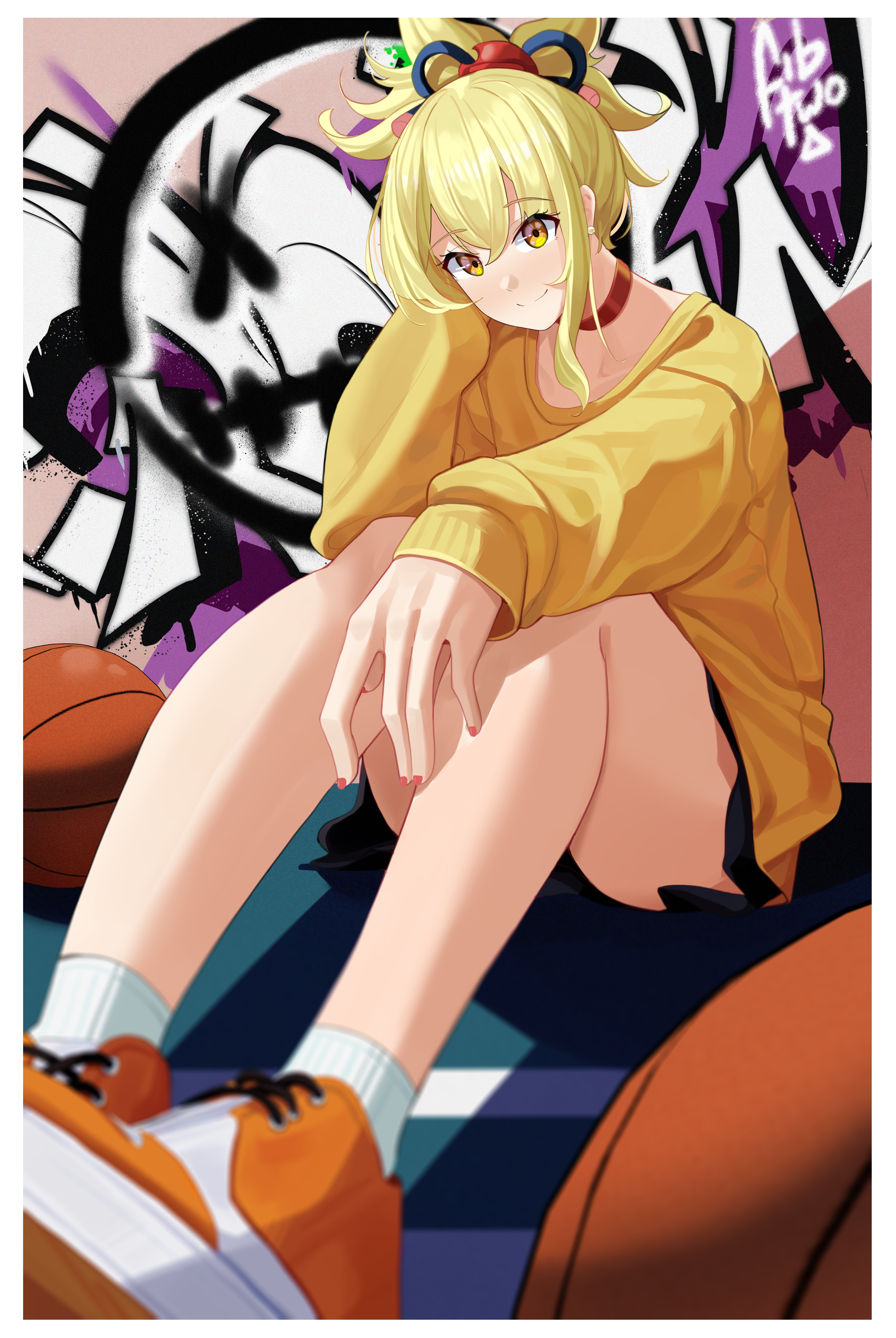 Yoimiya from Genshin Impact sitting with basketballs HD Phone Wallpaper