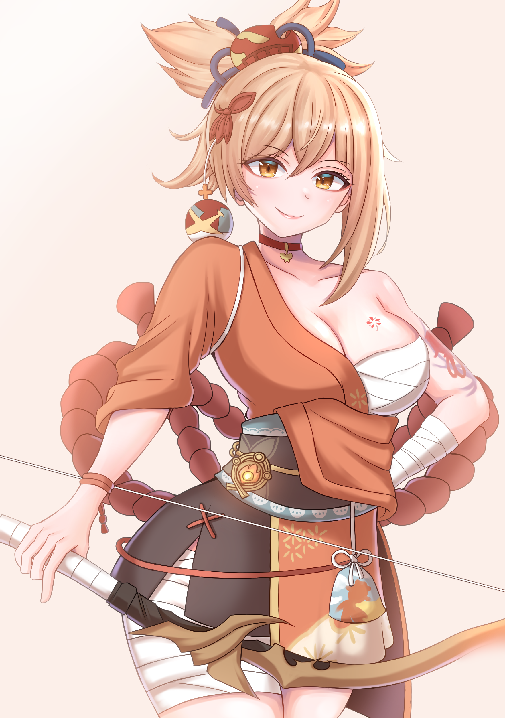Yoimiya from Genshin Impact with a bow HD Phone Wallpaper