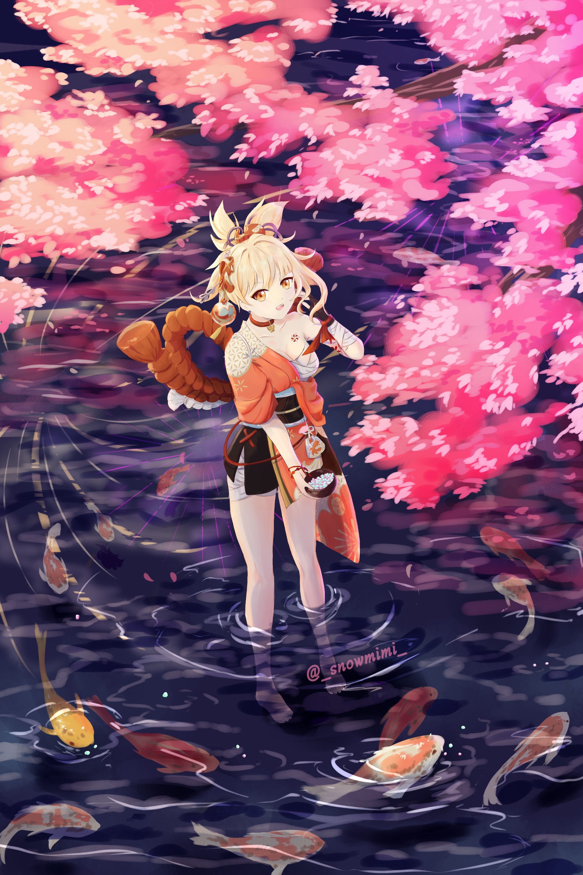 Yoimiya from Genshin Impact in a pond with koi fish HD Phone Wallpaper