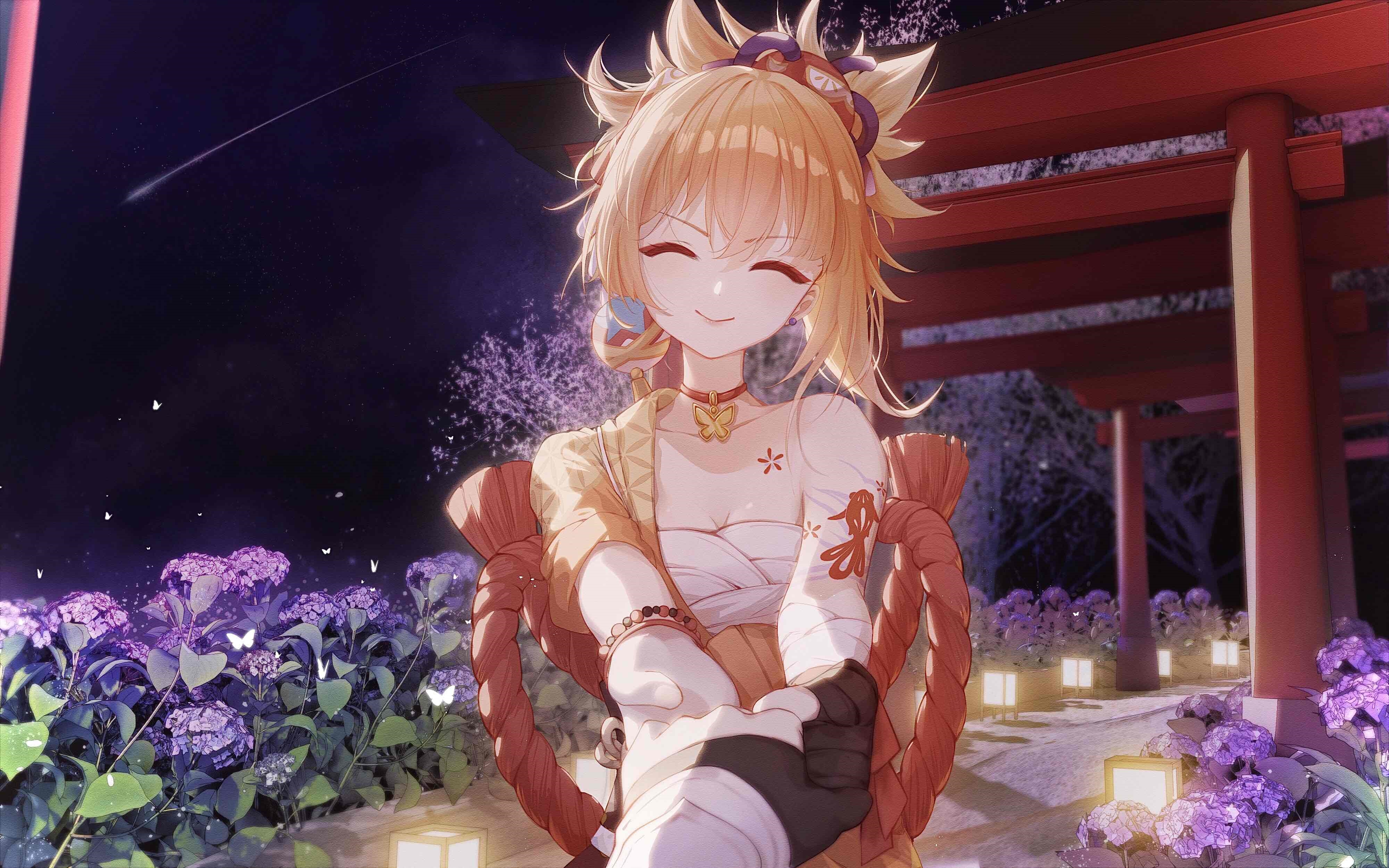 4K Yoimiya from Genshin Impact holding hands HD Wallpaper