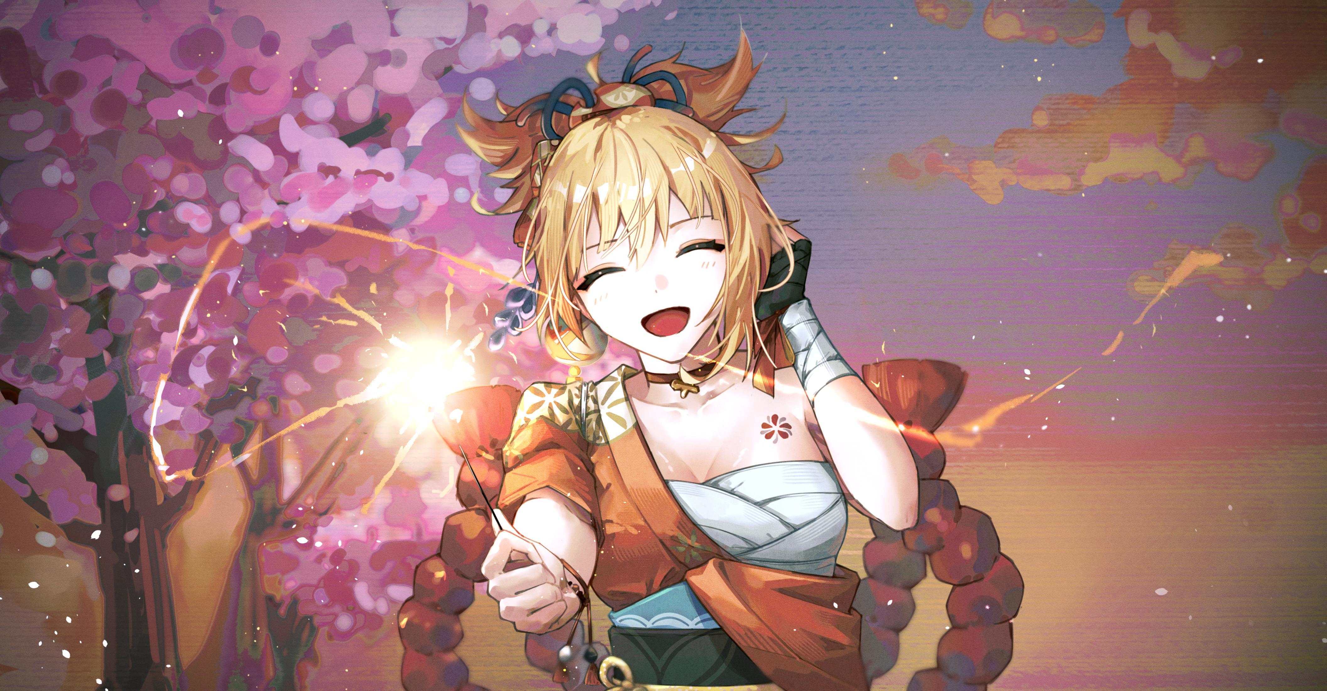 4K Yoimiya with fireworks and cherry blossoms HD Wallpaper