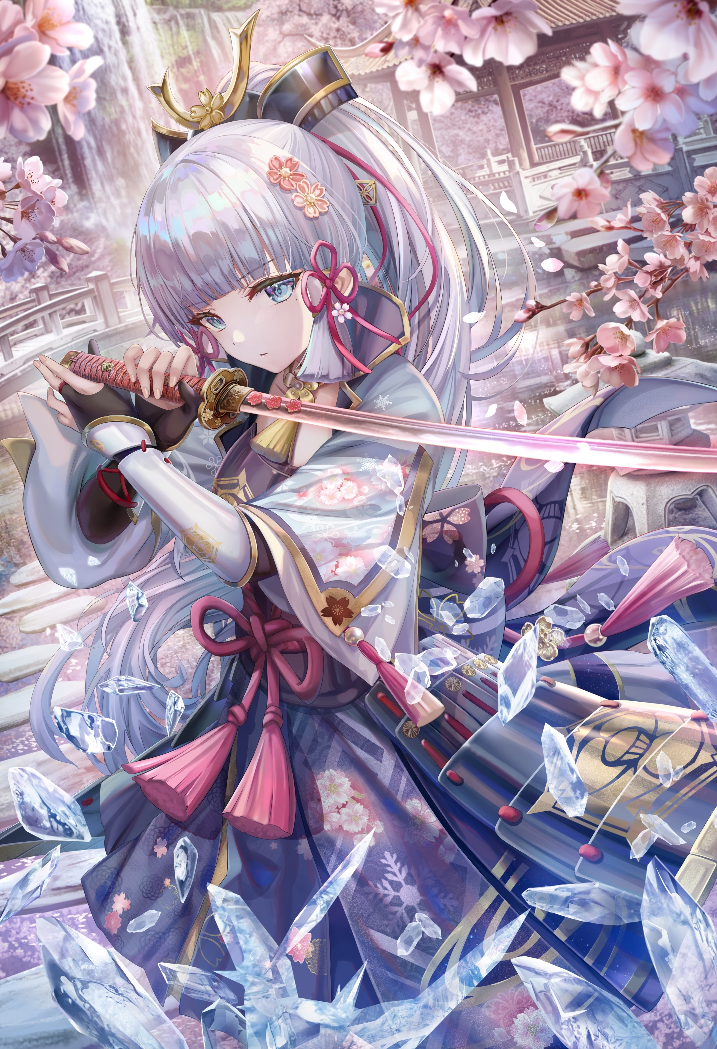 Kamisato Ayaka from Genshin Impact with a sword HD Phone Wallpaper
