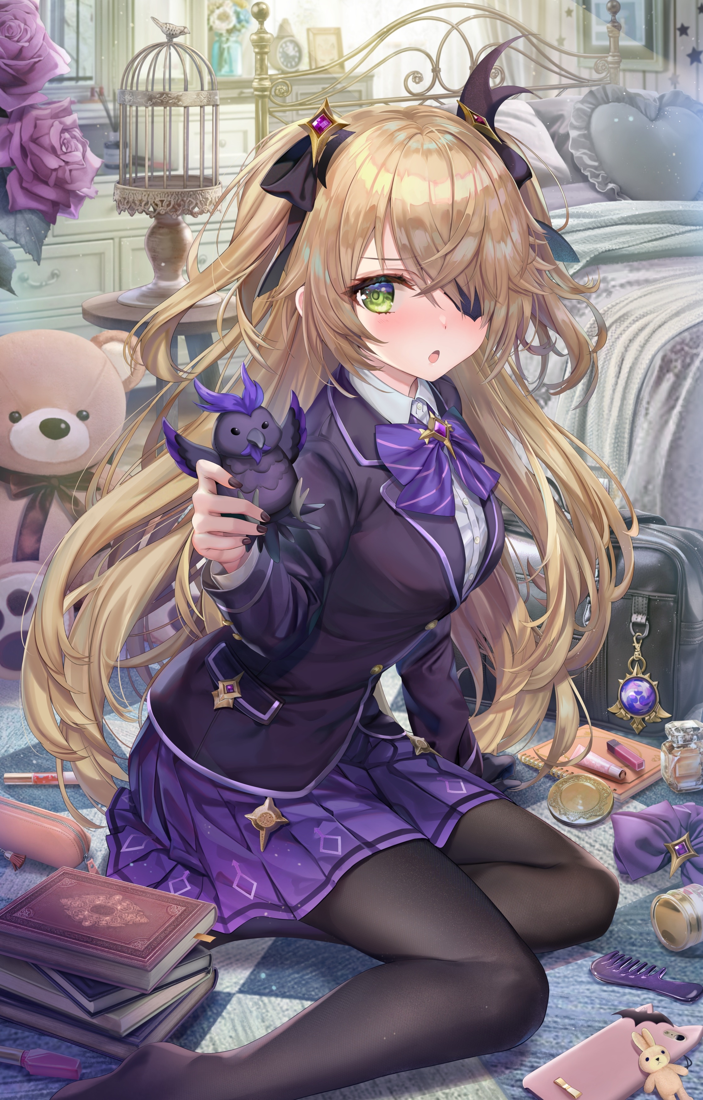 Fischl from Genshin Impact holding a bird HD Phone Wallpaper