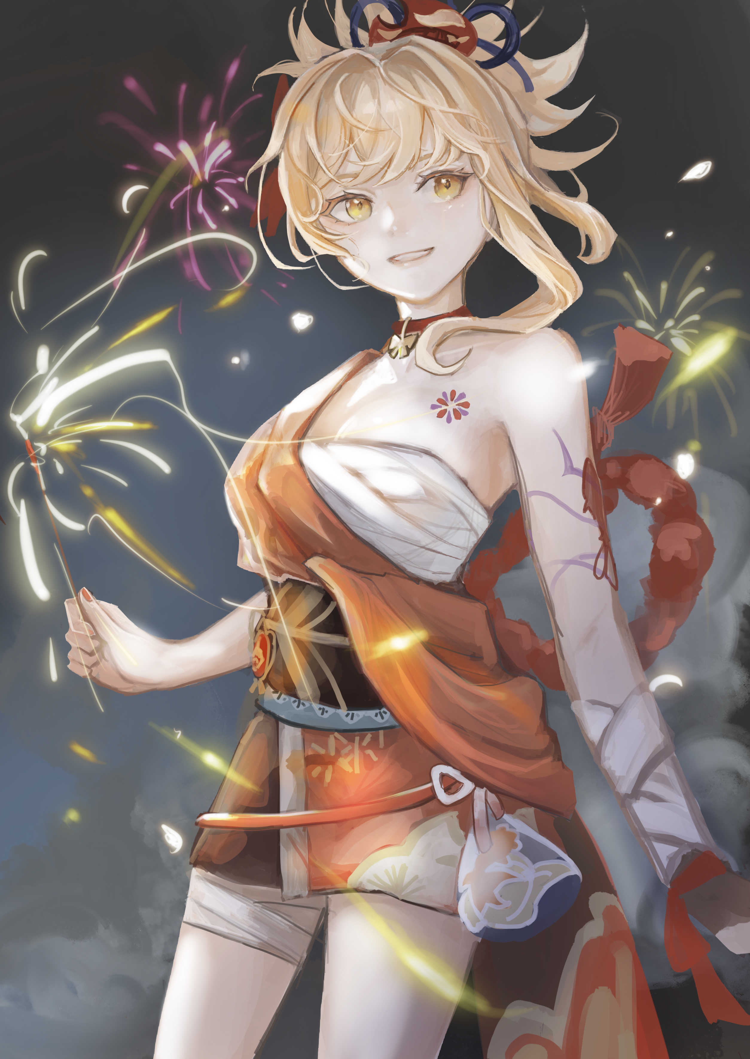 Yoimiya Holding Sparklers with Fireworks HD Phone Wallpaper