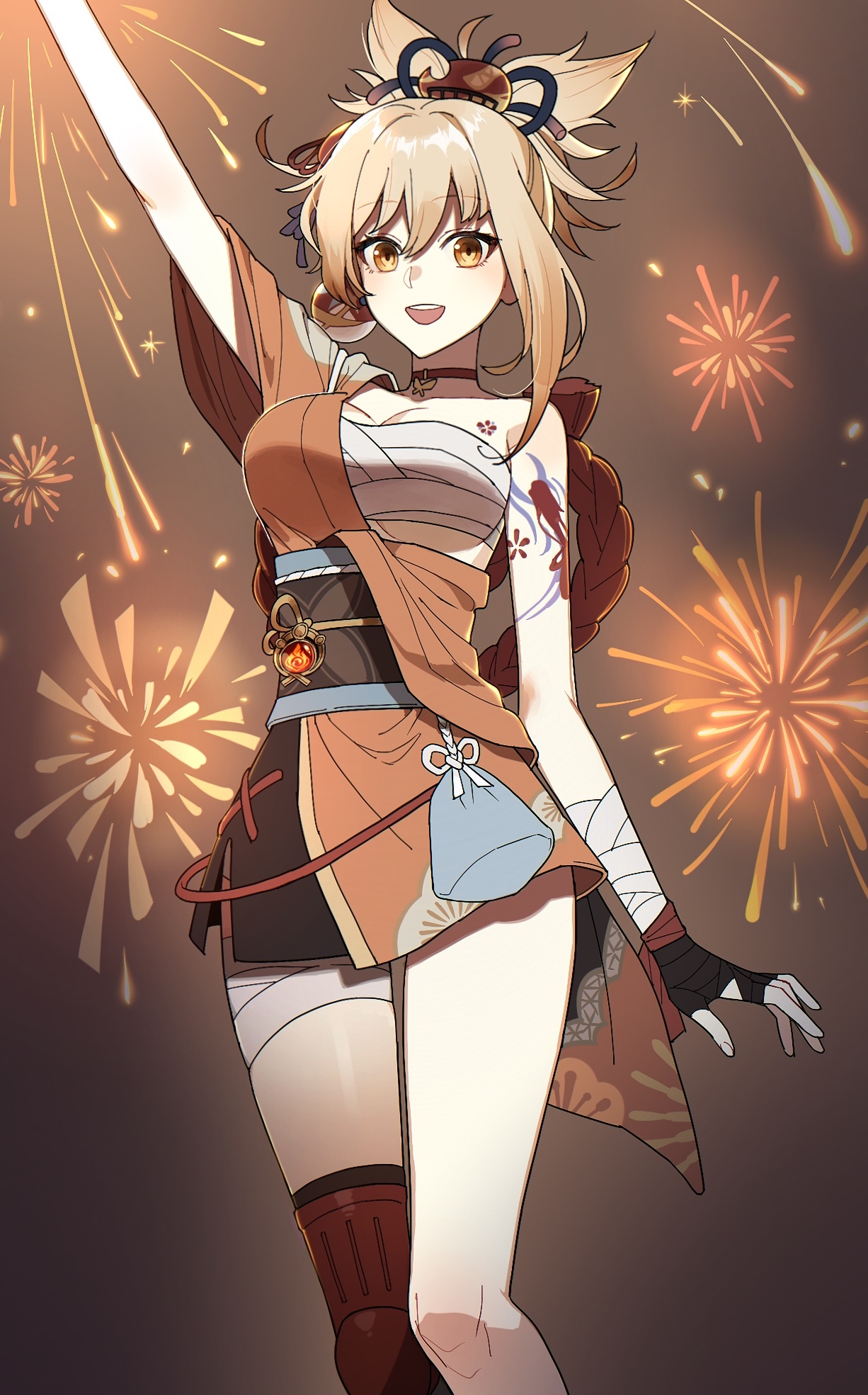 Yoimiya from Genshin Impact with fireworks HD Phone Wallpaper