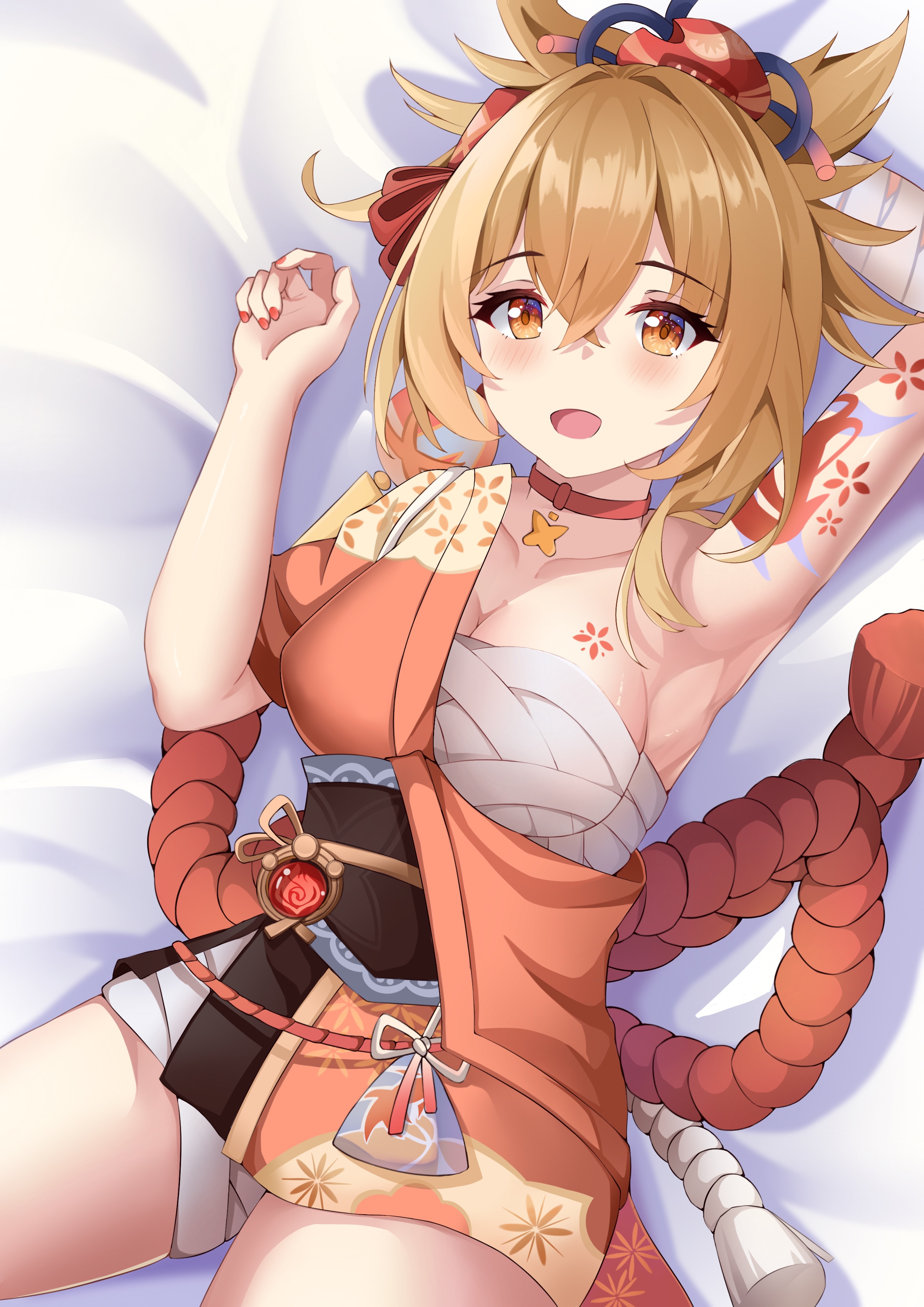 Yoimiya from Genshin Impact lying on a pillow HD Phone Wallpaper