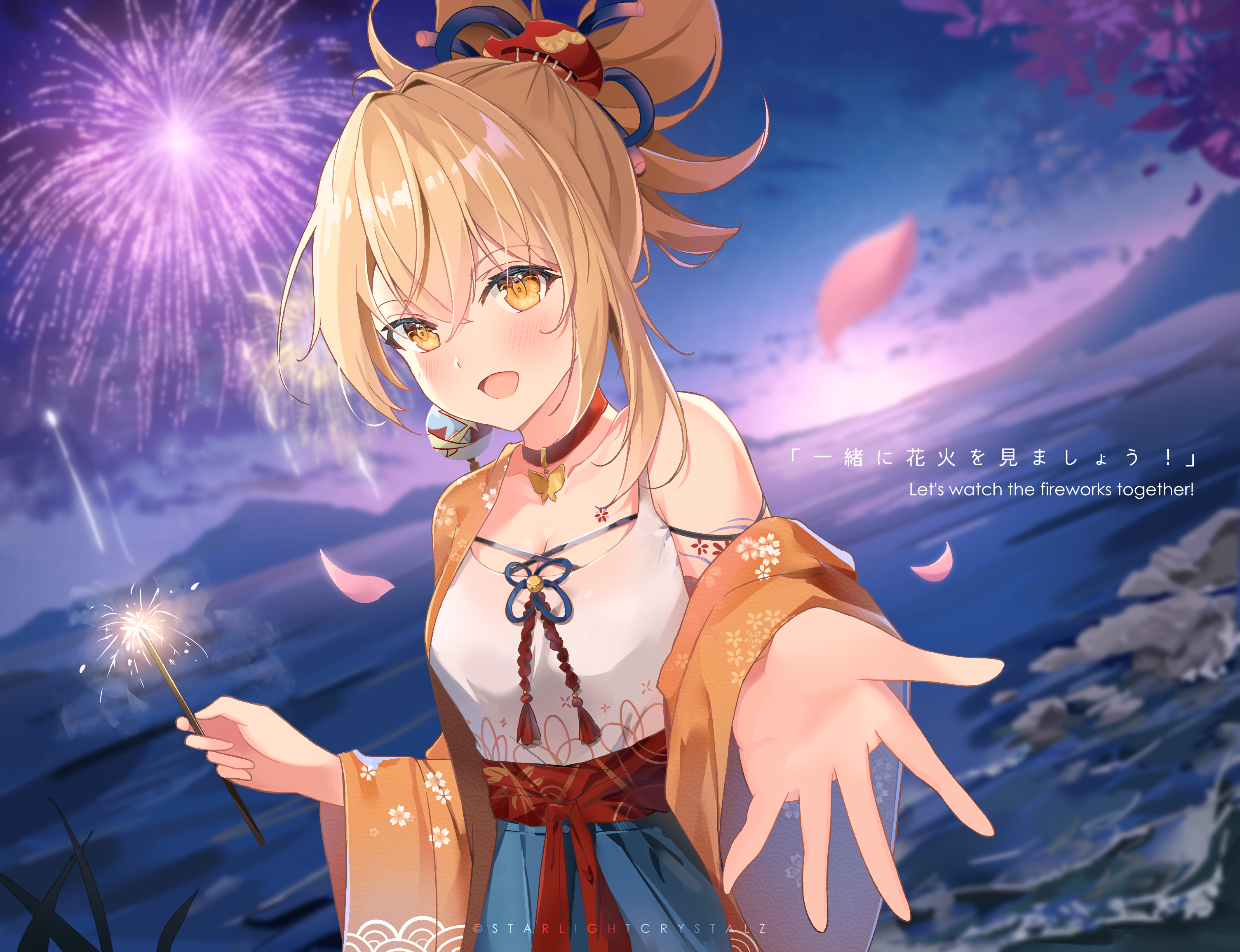 Yoimiya from Genshin Impact watching fireworks HD Wallpaper