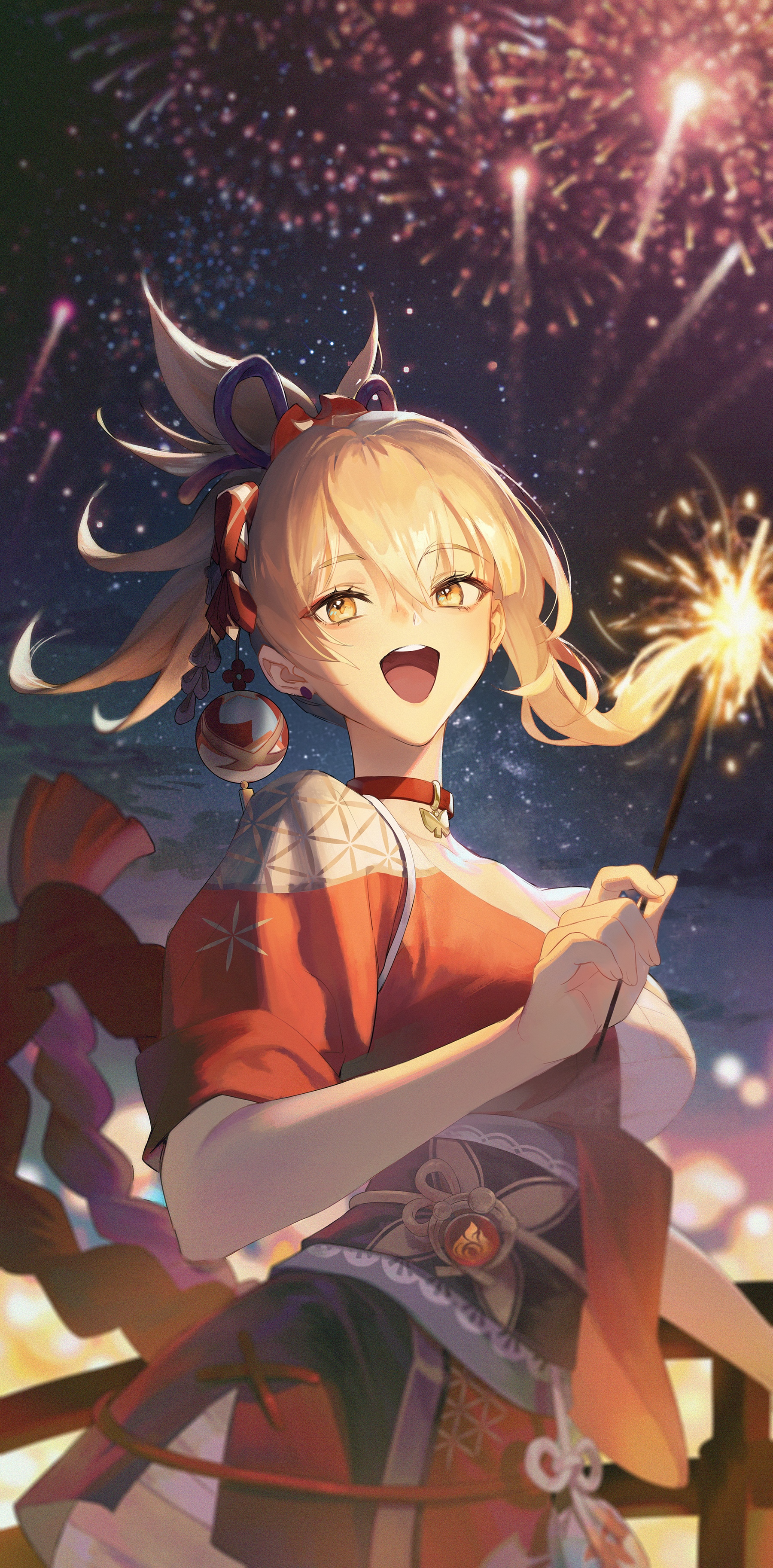 Yoimiya from Genshin Impact holding a sparkler HD Phone Wallpaper