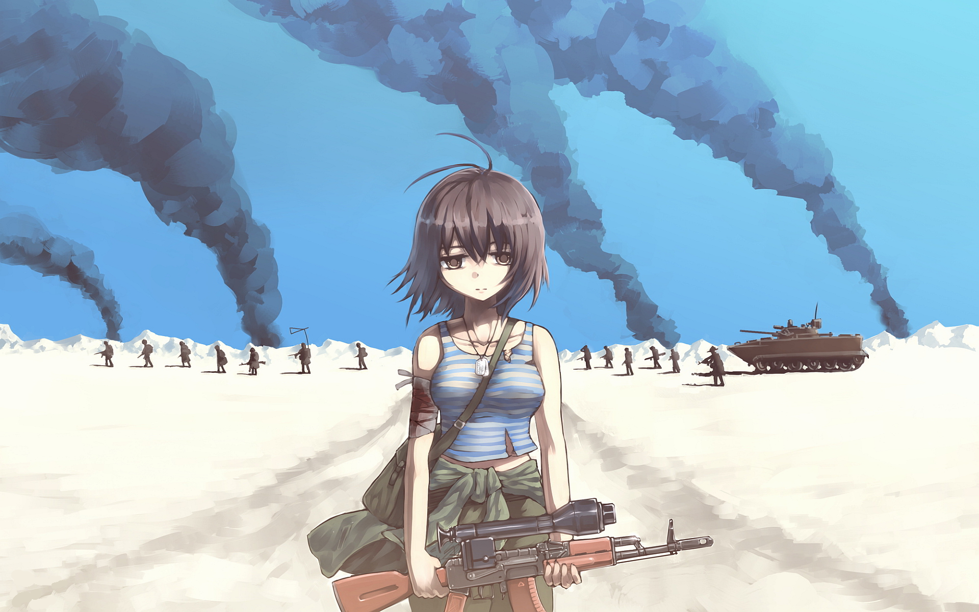 Girl with gun in a desert with smoke and soldiers HD Wallpaper