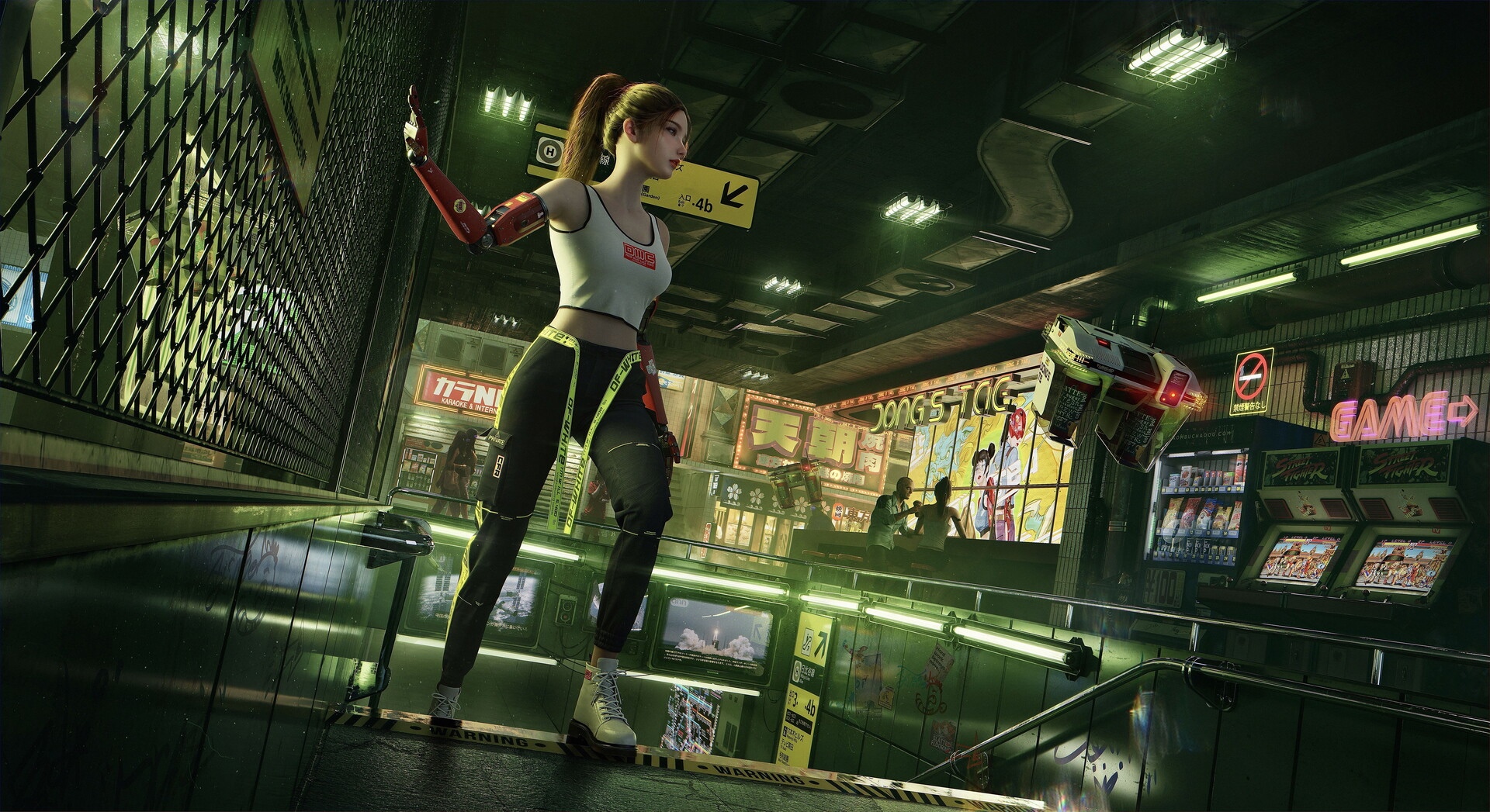 Cyberpunk woman with robotic arm in neon subway HD Wallpaper