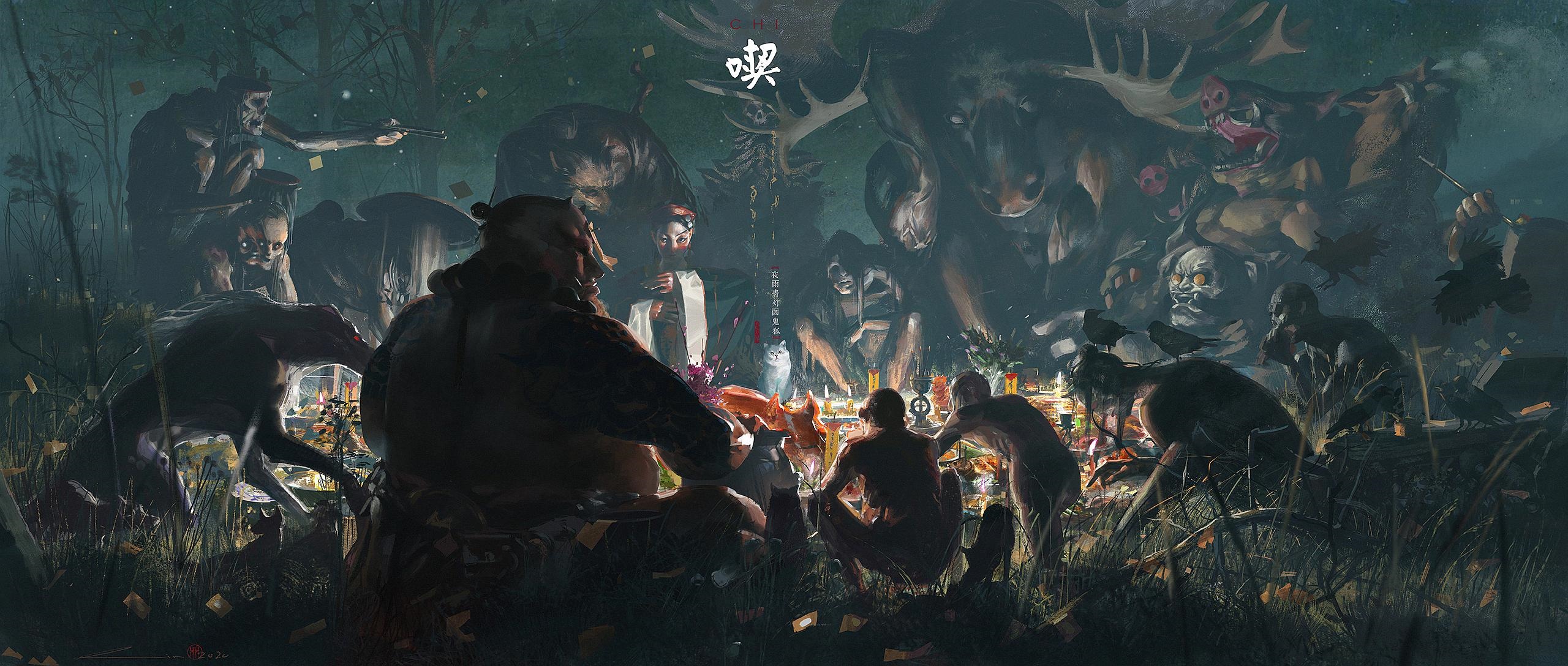 Digital art of a dark ritual with monstrous figures HD Wallpaper