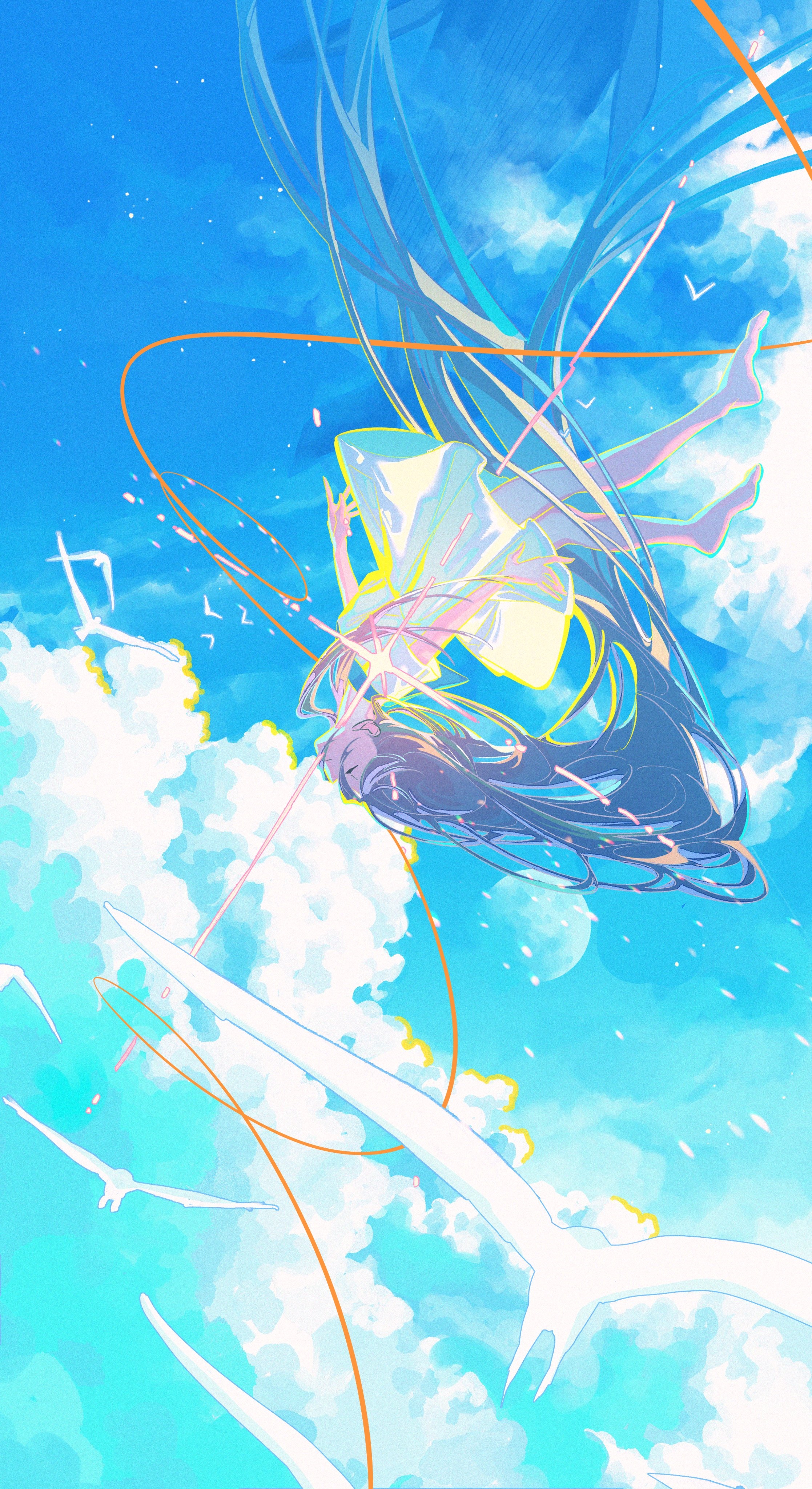 Anime girl falling through the sky with birds HD Phone Wallpaper