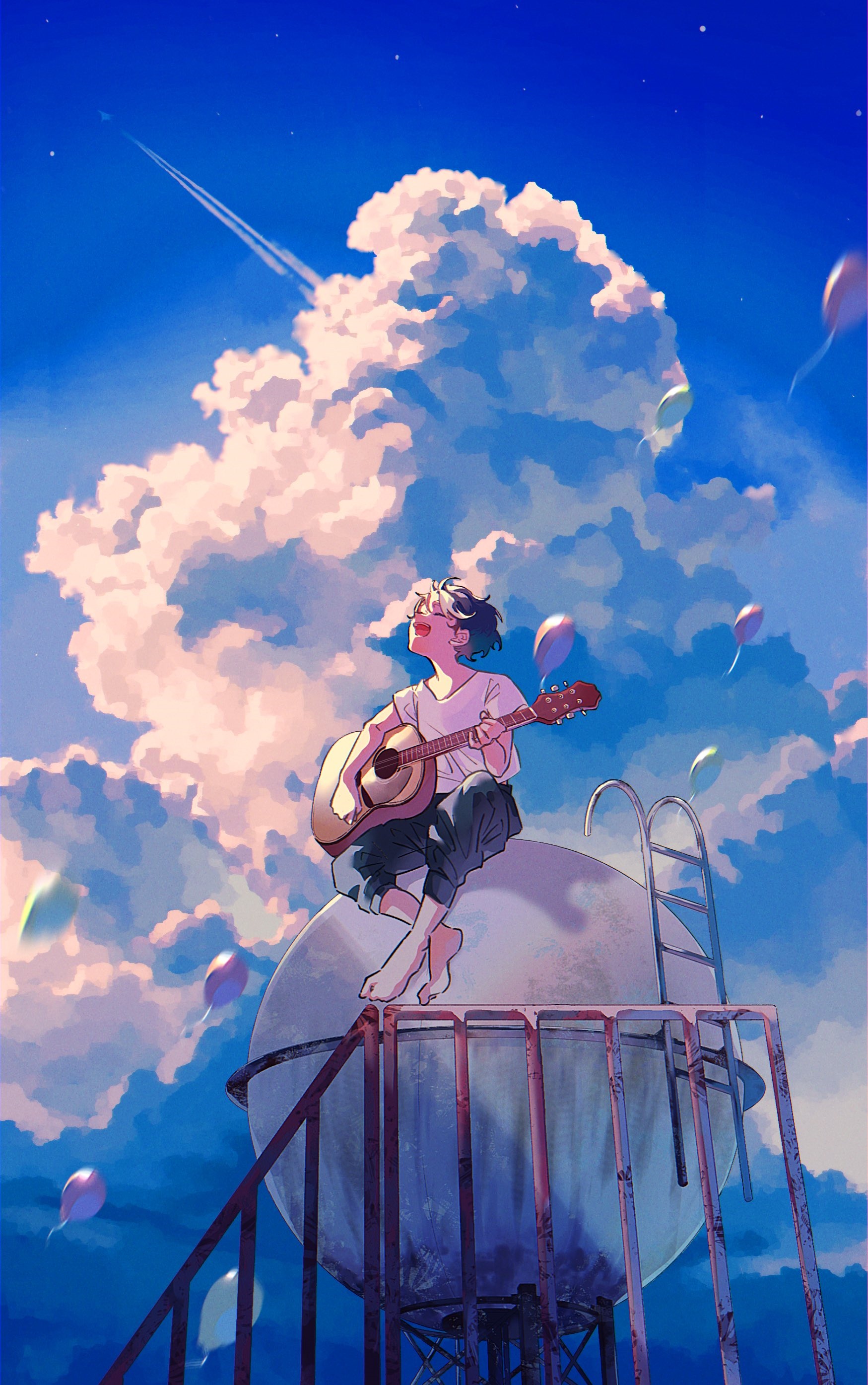 Anime boy playing guitar on water tower with balloons HD Phone Wallpaper