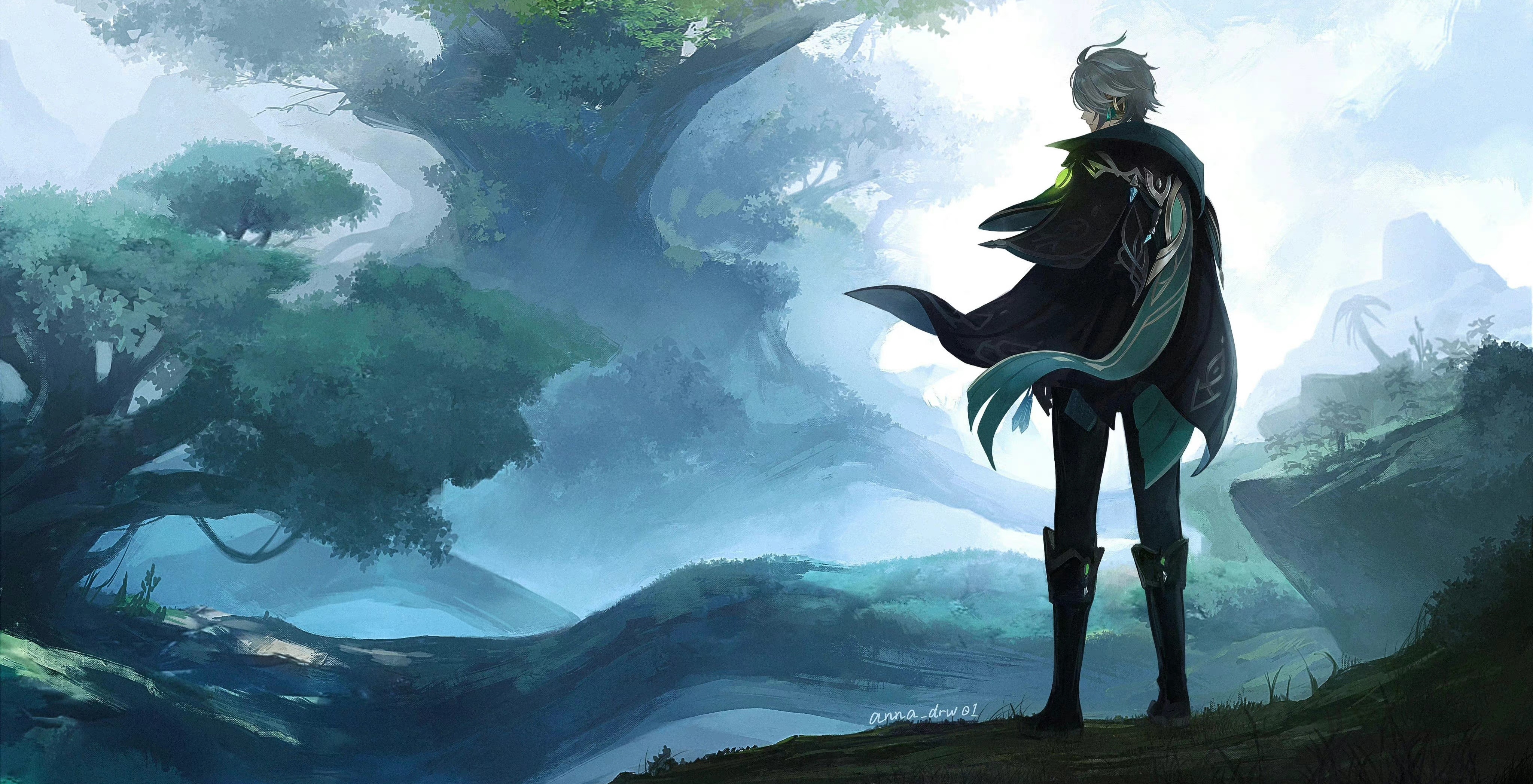 Genshin Impact artwork of Alhaitham in a forest HD Wallpaper