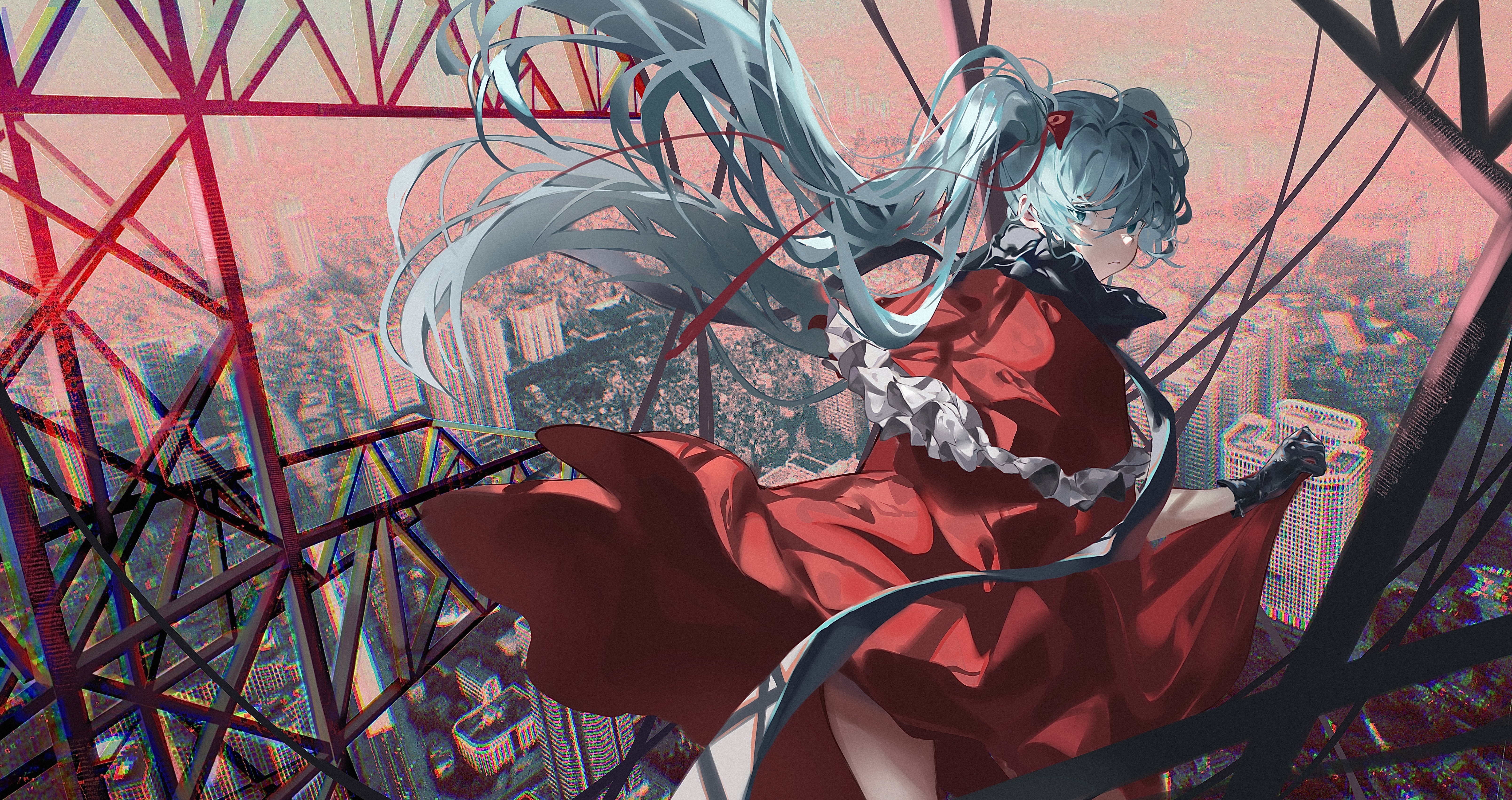 4K Hatsune Miku in a red dress overlooking a city HD Wallpaper