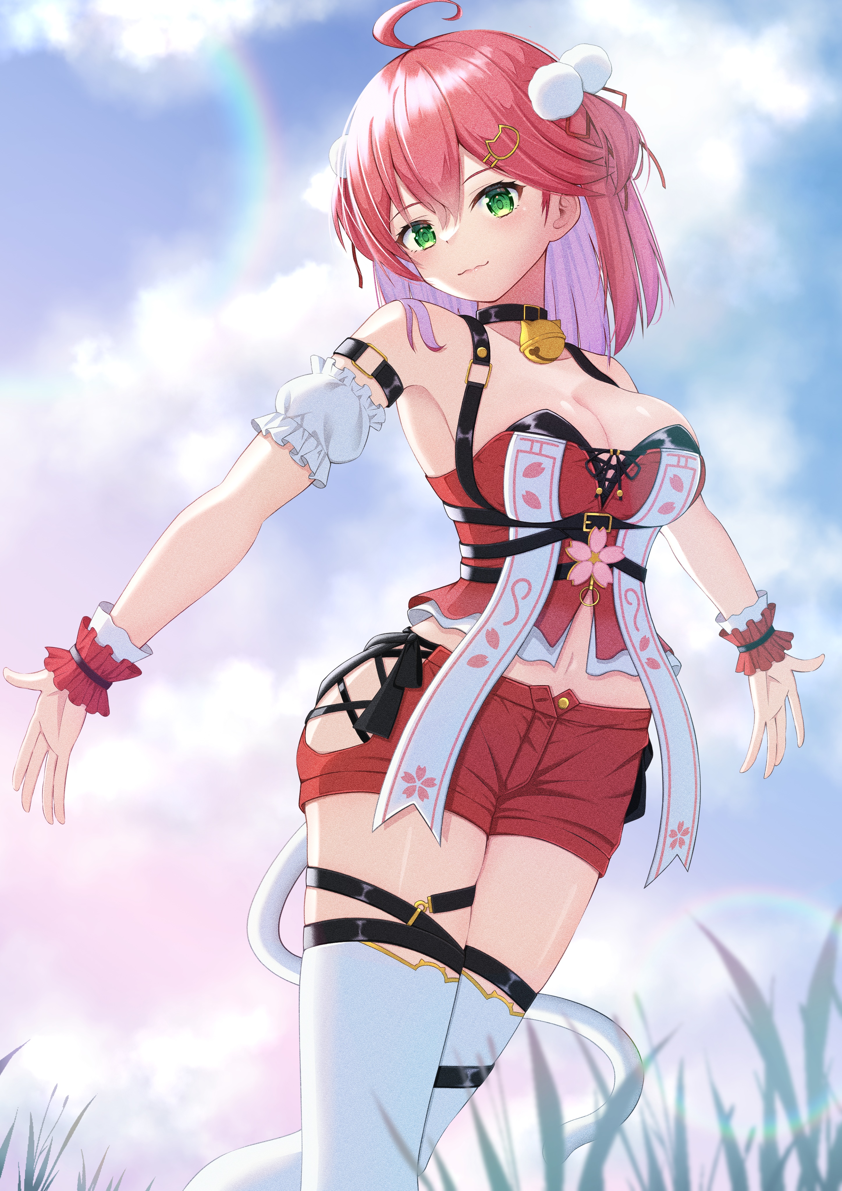 Sakura Miko in a red outfit with thigh-high socks HD Phone Wallpaper