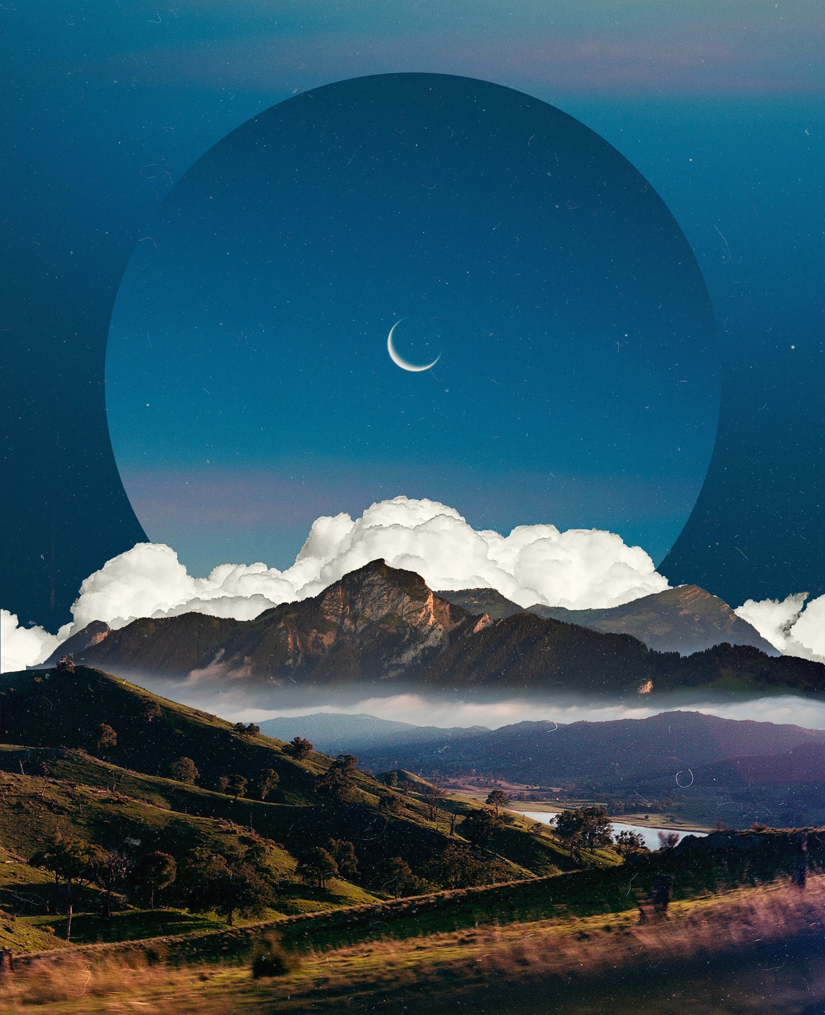 Digital art landscape with mountains and moon HD Phone Wallpaper