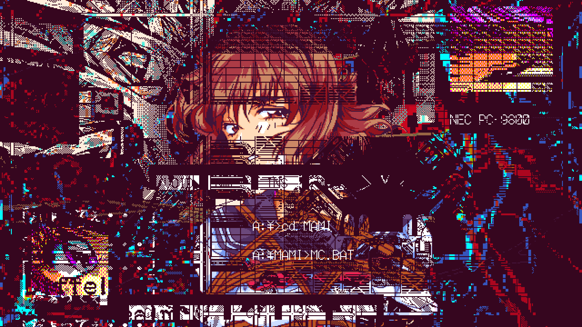 Glitch art anime girl with NEC PC-9800 HD Wallpaper
