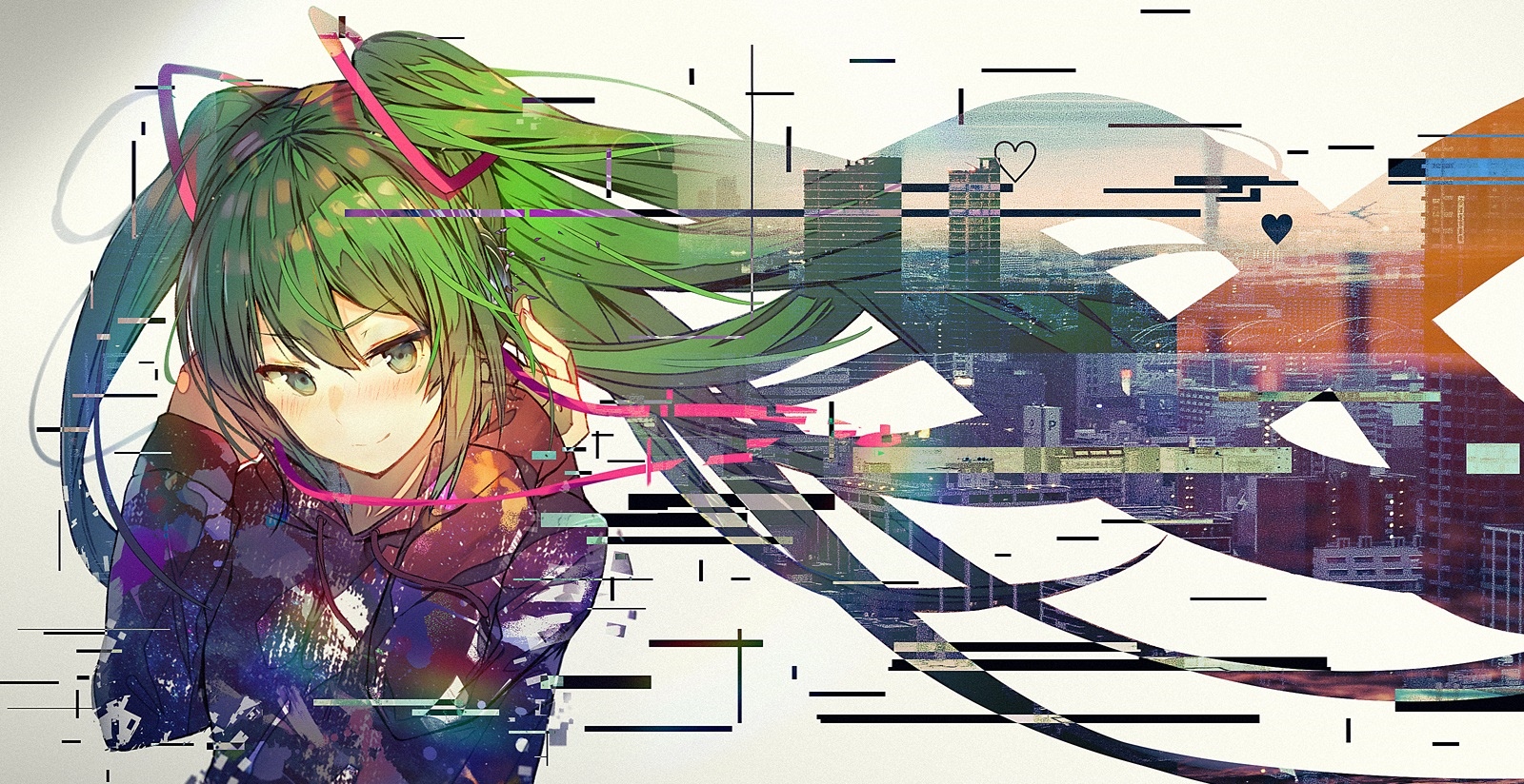 Hatsune Miku with Glitch Art Cityscape HD Wallpaper