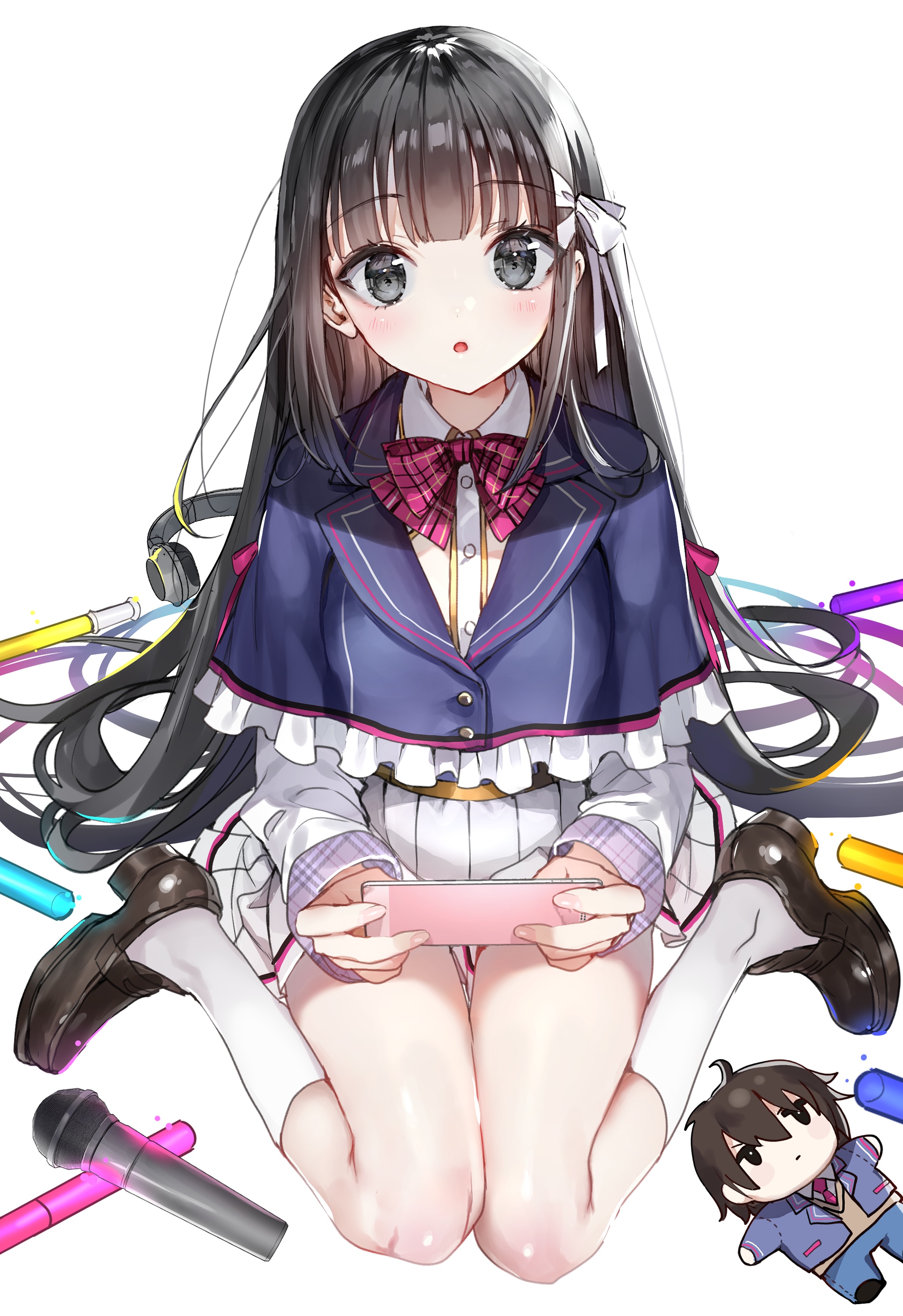 Girl in school uniform playing a pink handheld game console HD Phone Wallpaper