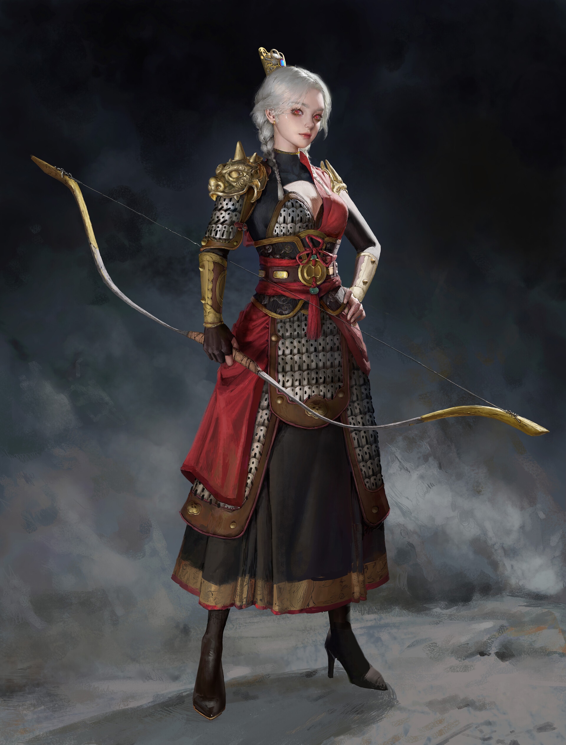 Fantasy Archer Woman with Silver Hair and Bow HD Phone Wallpaper