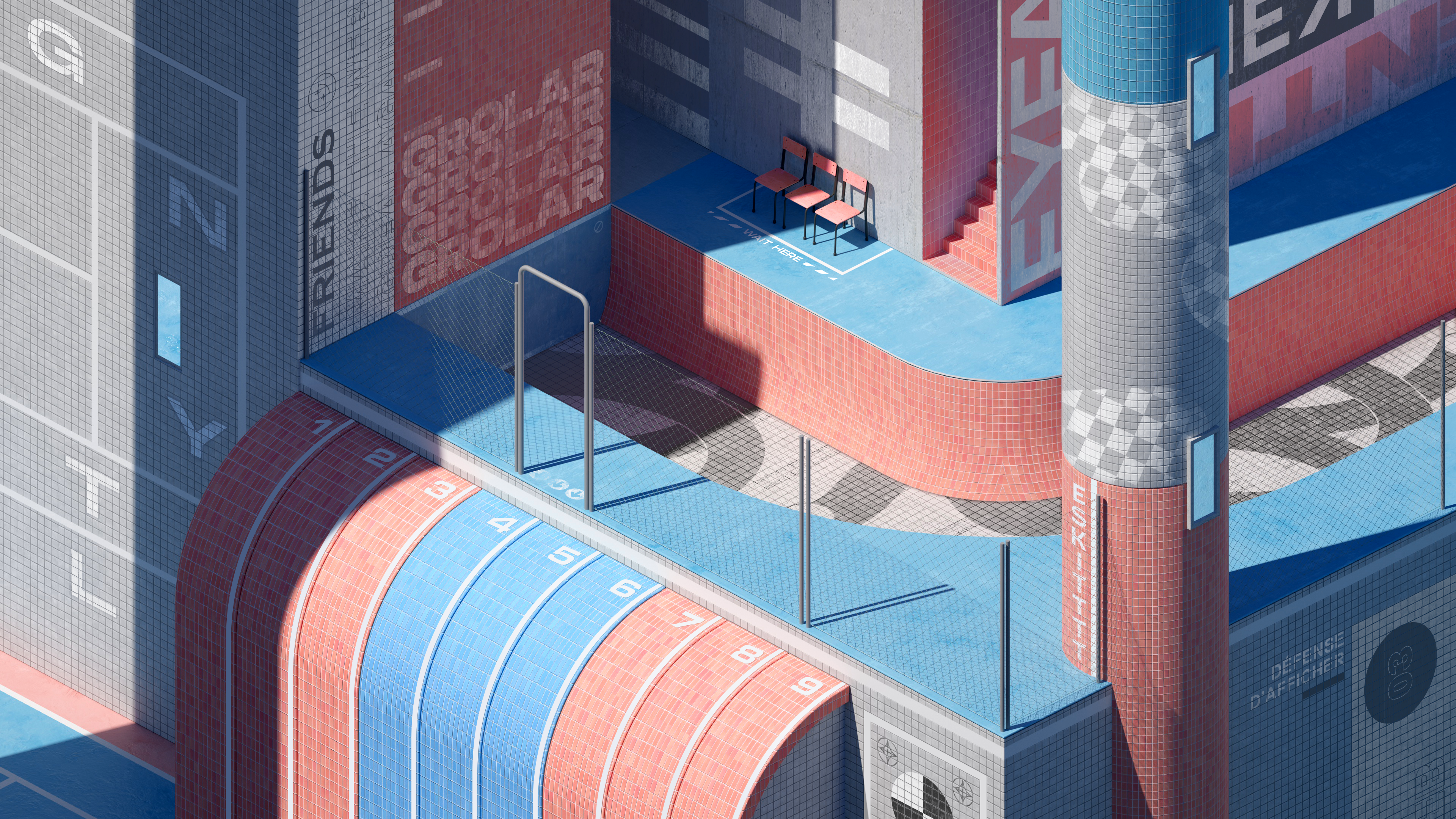 Surreal outdoor architecture with running tracks and tower HD Wallpaper