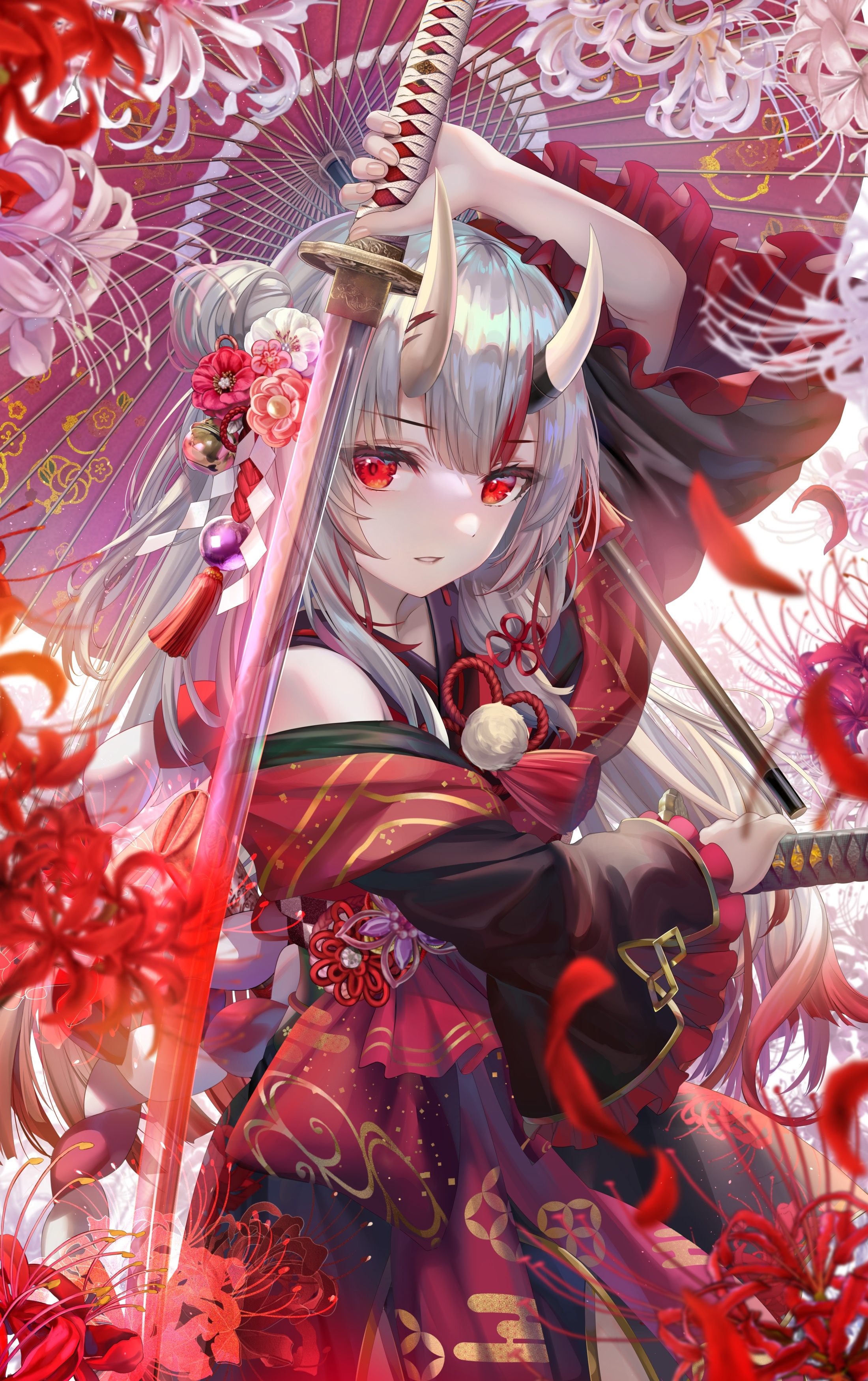 Torino Akua with sword and red spider lilies HD Phone Wallpaper