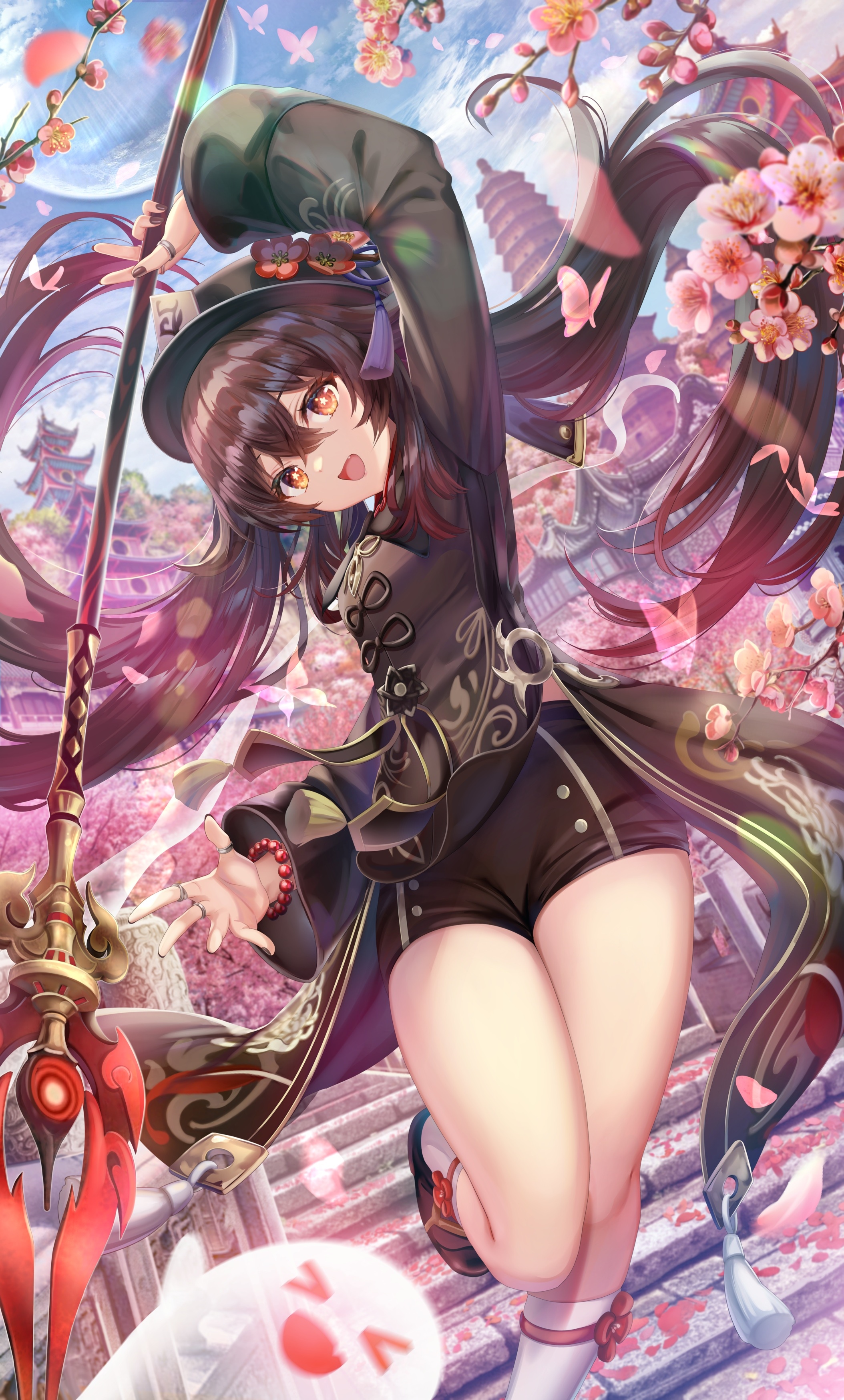 Hu Tao with a lance among cherry blossoms HD Phone Wallpaper