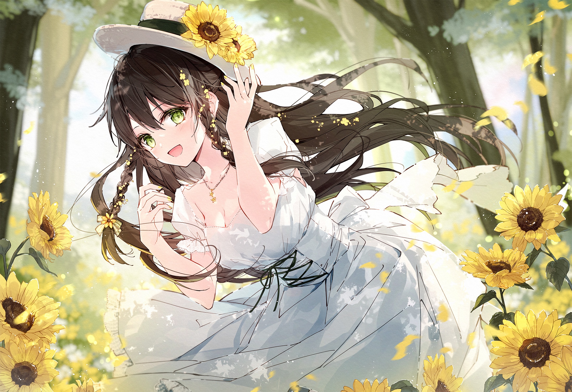Girl in a white dress with sunflowers in a field HD Wallpaper