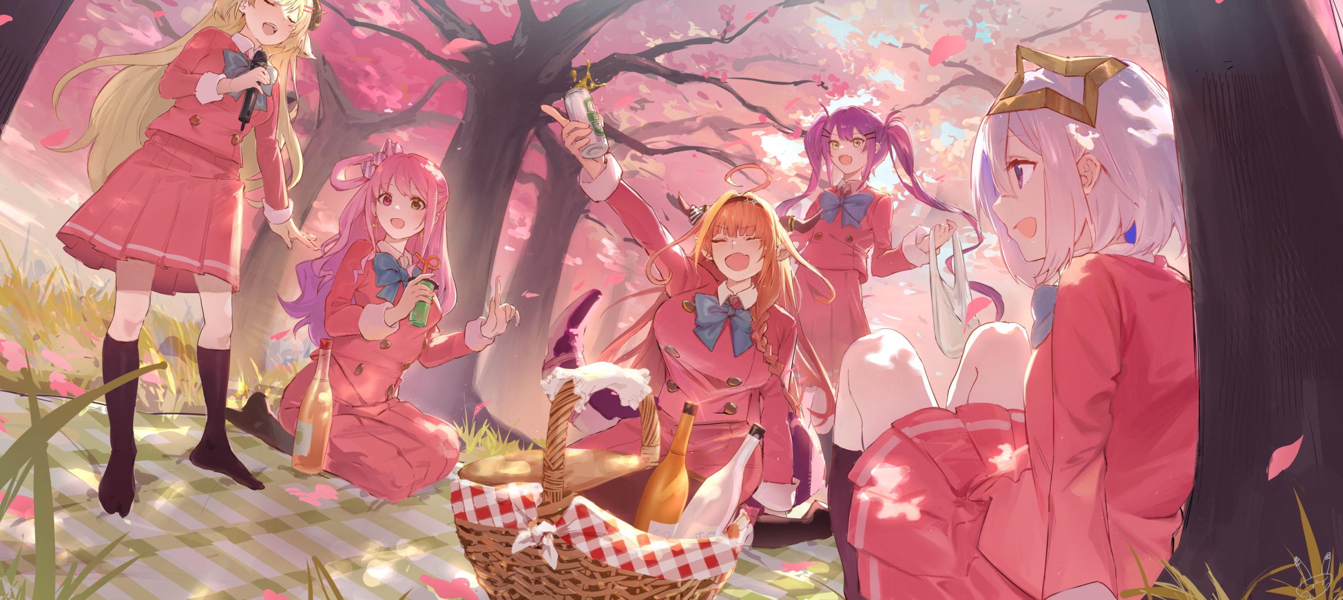 Anime girls in school uniforms having a picnic under cherry blossoms HD Wallpaper