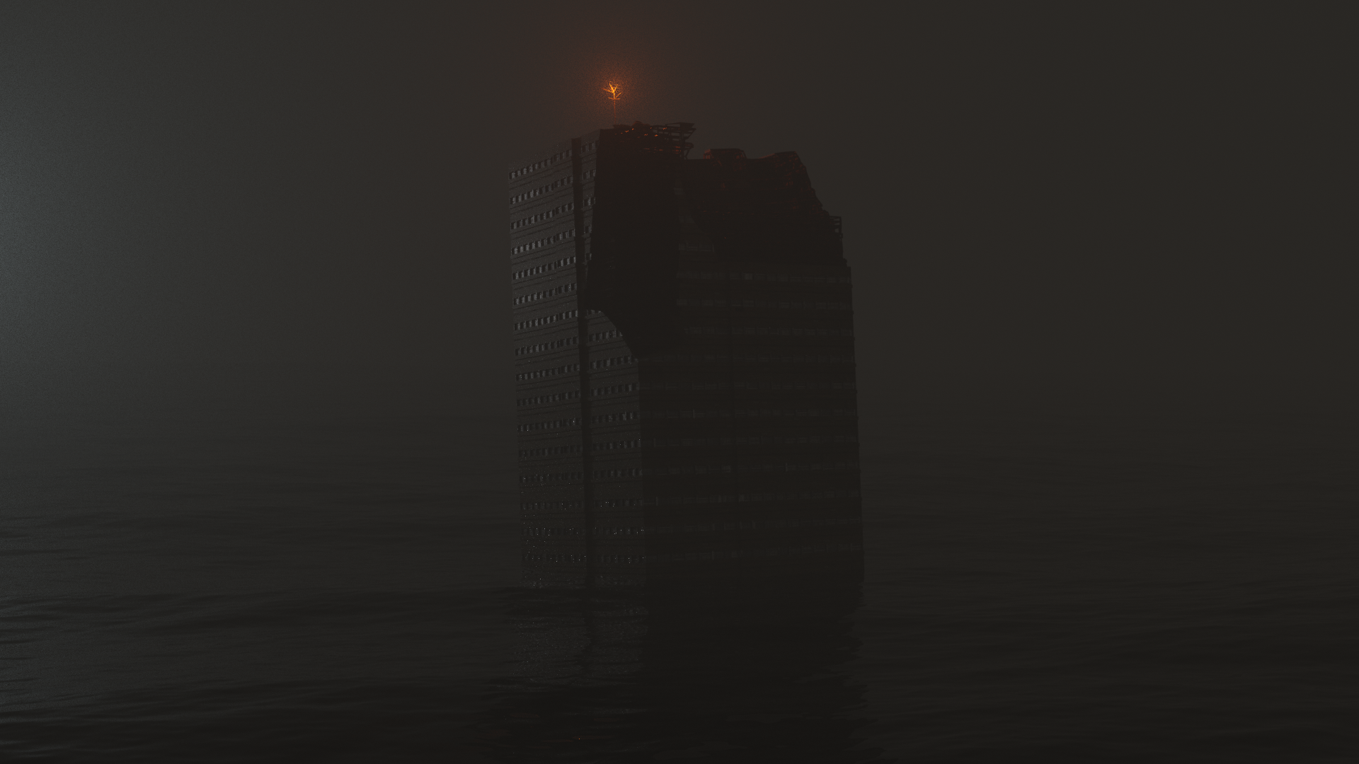 Dystopian skyscraper in foggy water with a light on top HD Wallpaper