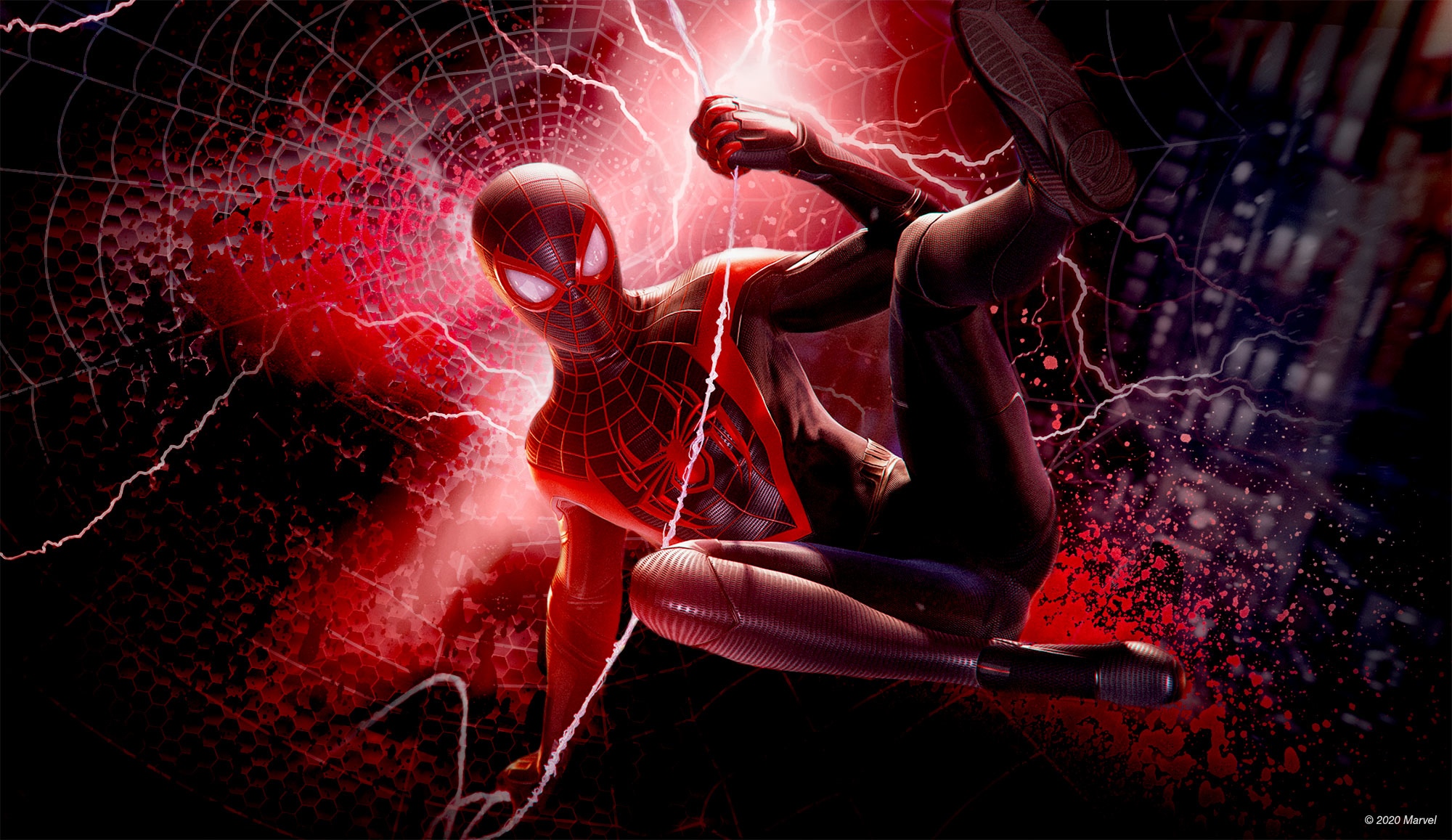 Spider-Man in Red and Black Suit with Lightning HD Wallpaper