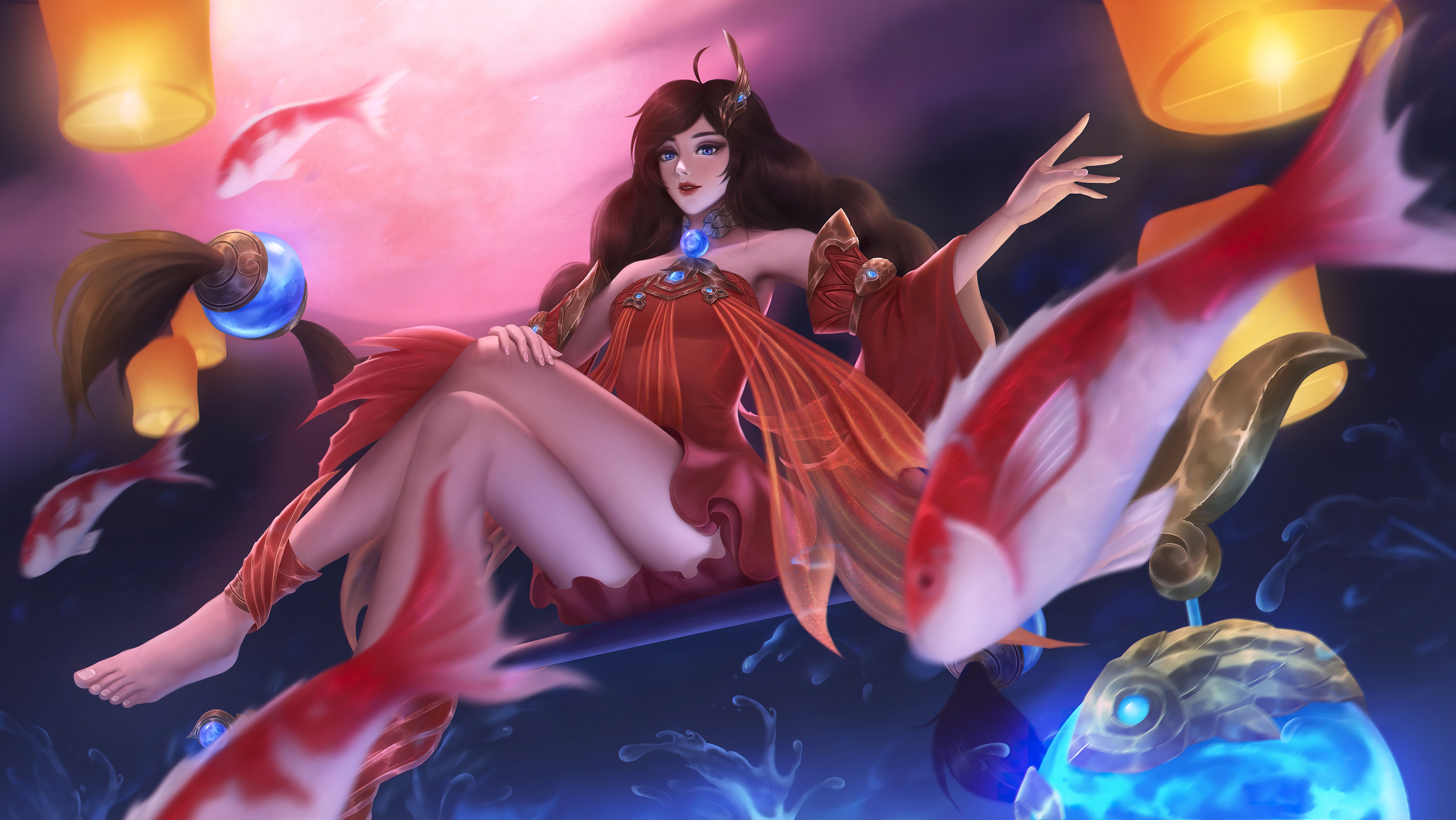 4K Honor of Kings artwork with a woman and koi fish HD Wallpaper
