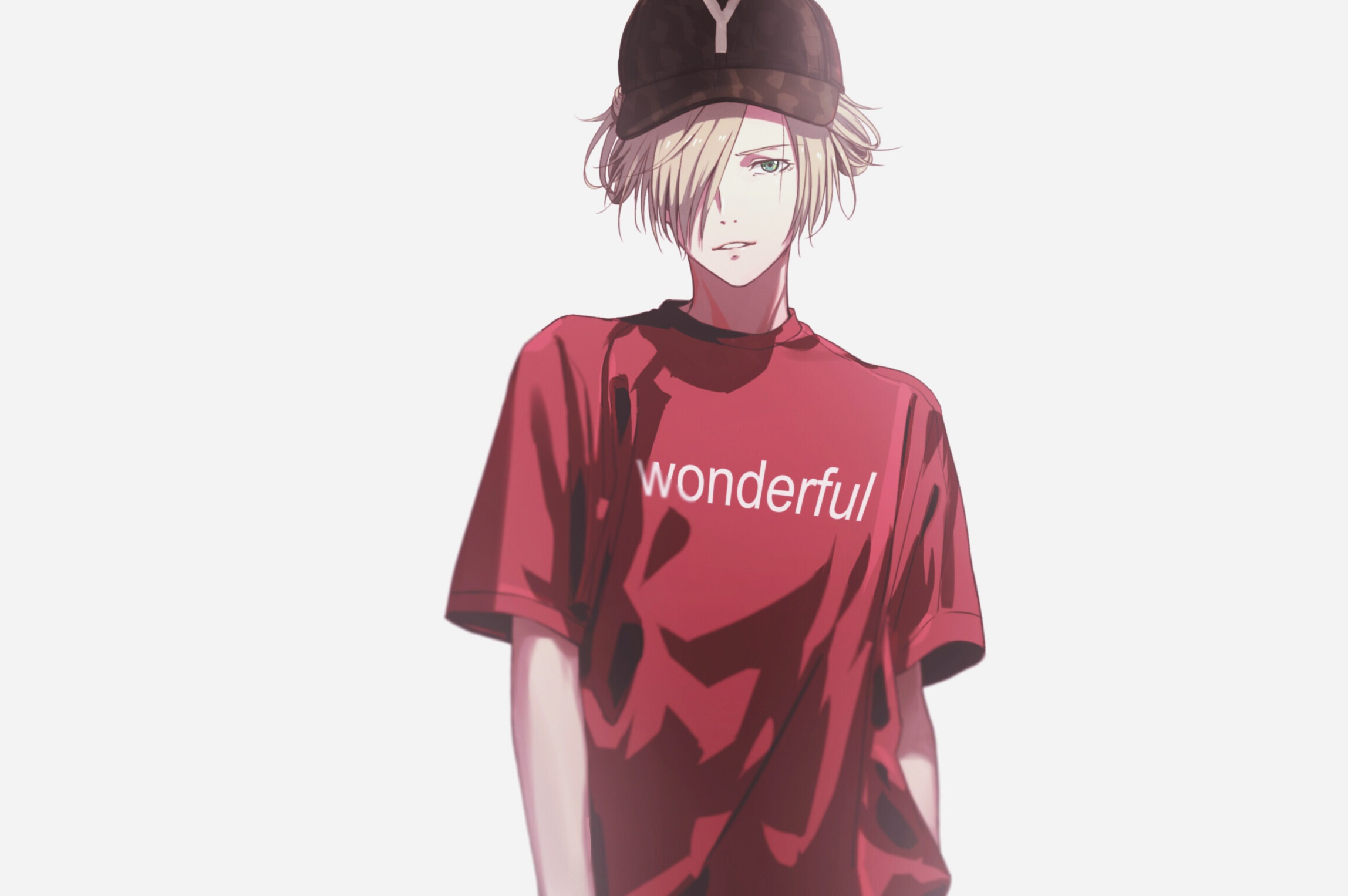 Yuri Plisetsky wearing a red t-shirt with "wonderful" text HD Wallpaper