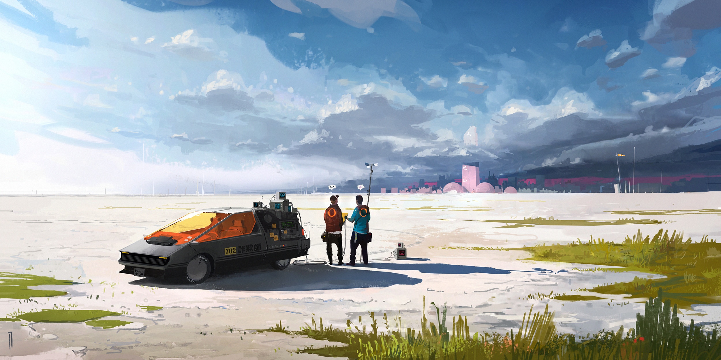 Ismail Inceoglu's digital art of a futuristic car in a desert HD Wallpaper
