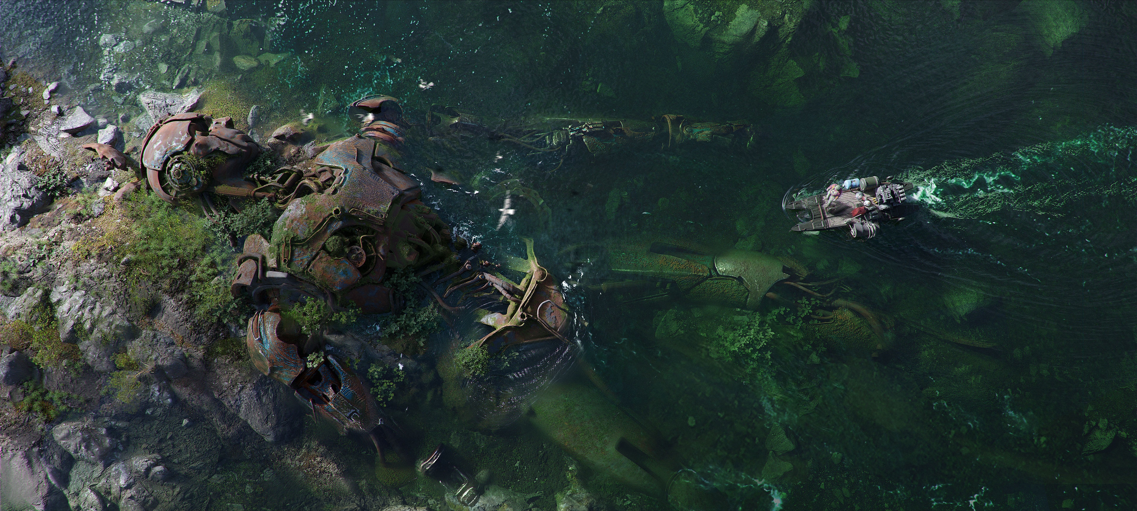 4K science fiction river with decaying robot HD Wallpaper