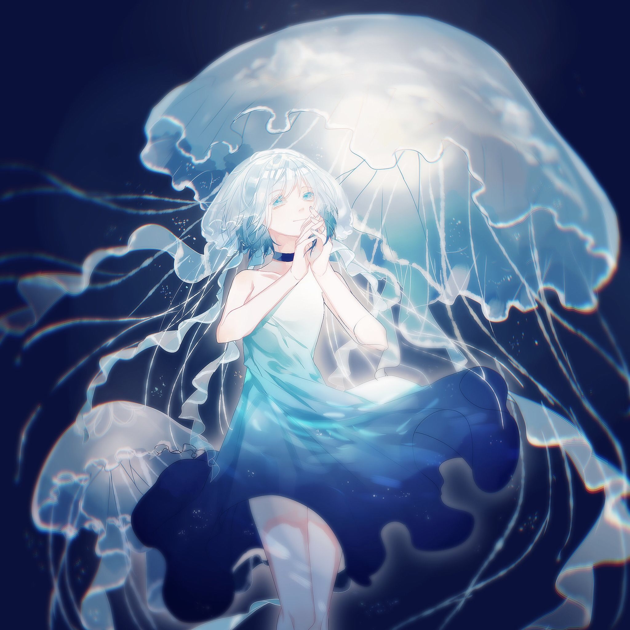 Girl with jellyfish in dark water HD Wallpaper