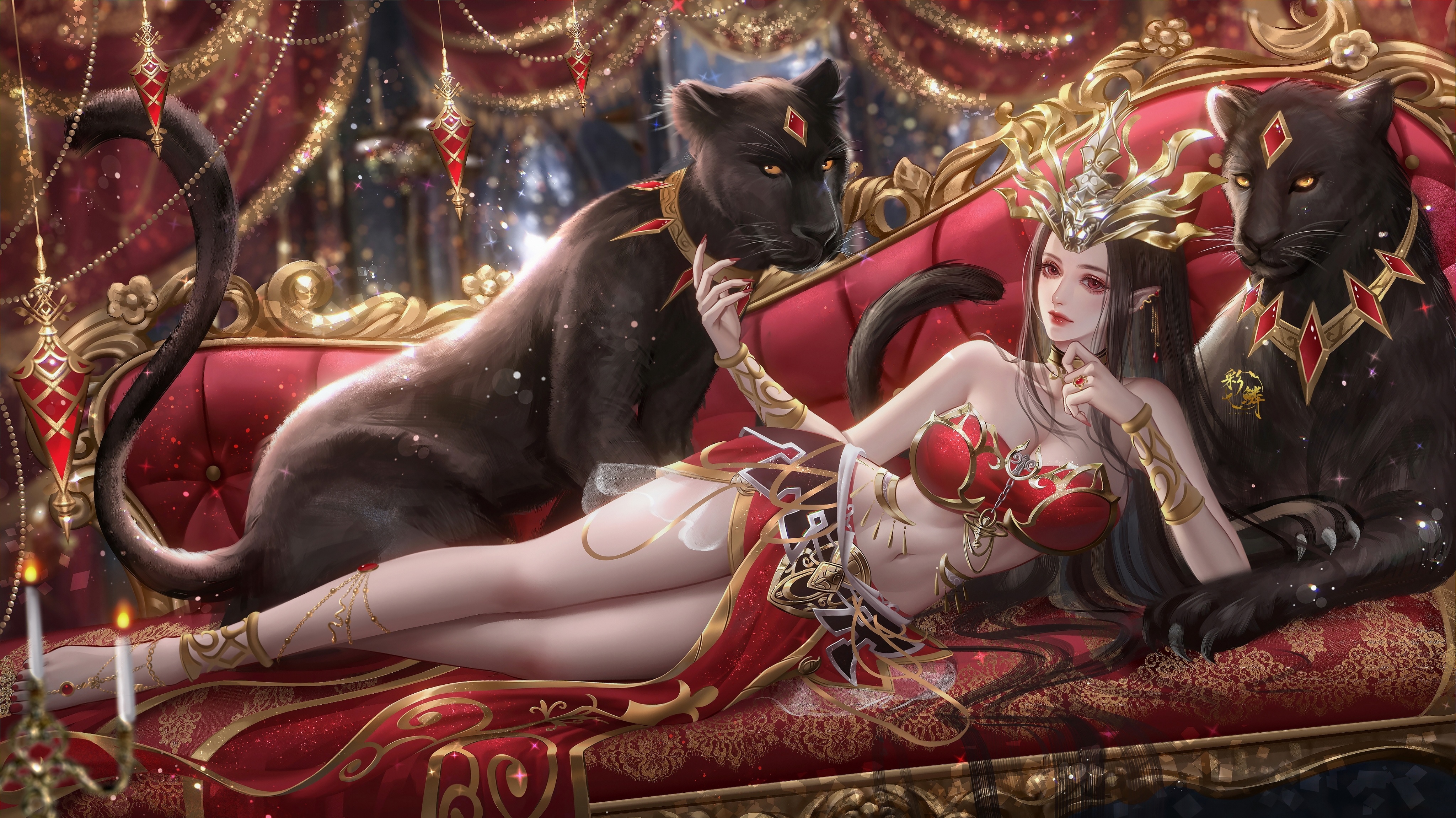 Woman with Black Panthers on a Red Couch HD Wallpaper