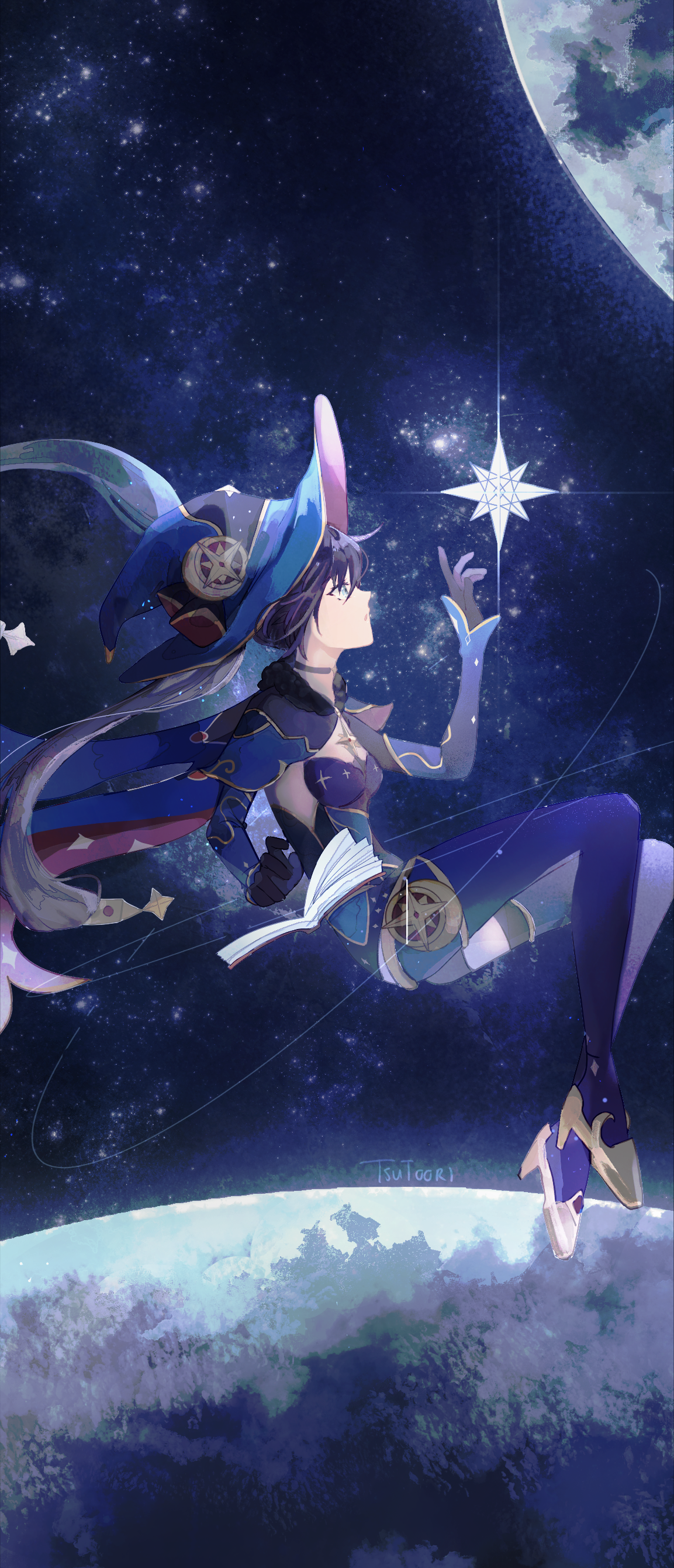 Mona from Genshin Impact in a starry sky HD Phone Wallpaper