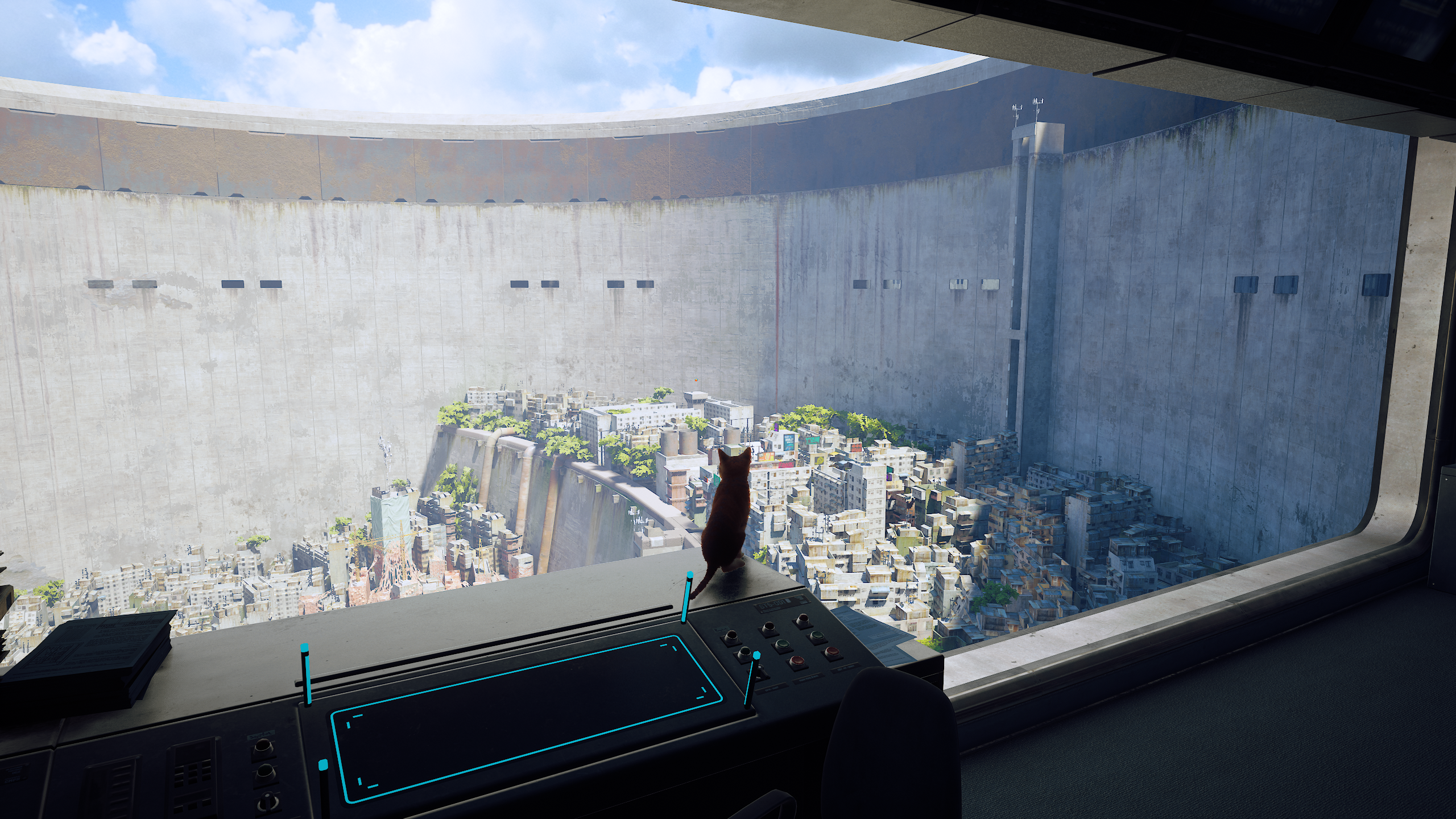 Cat looking out over a futuristic city from a console HD Wallpaper