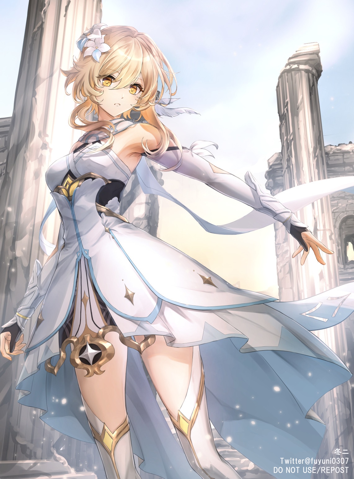 Lumine from Genshin Impact in ancient ruins HD Phone Wallpaper